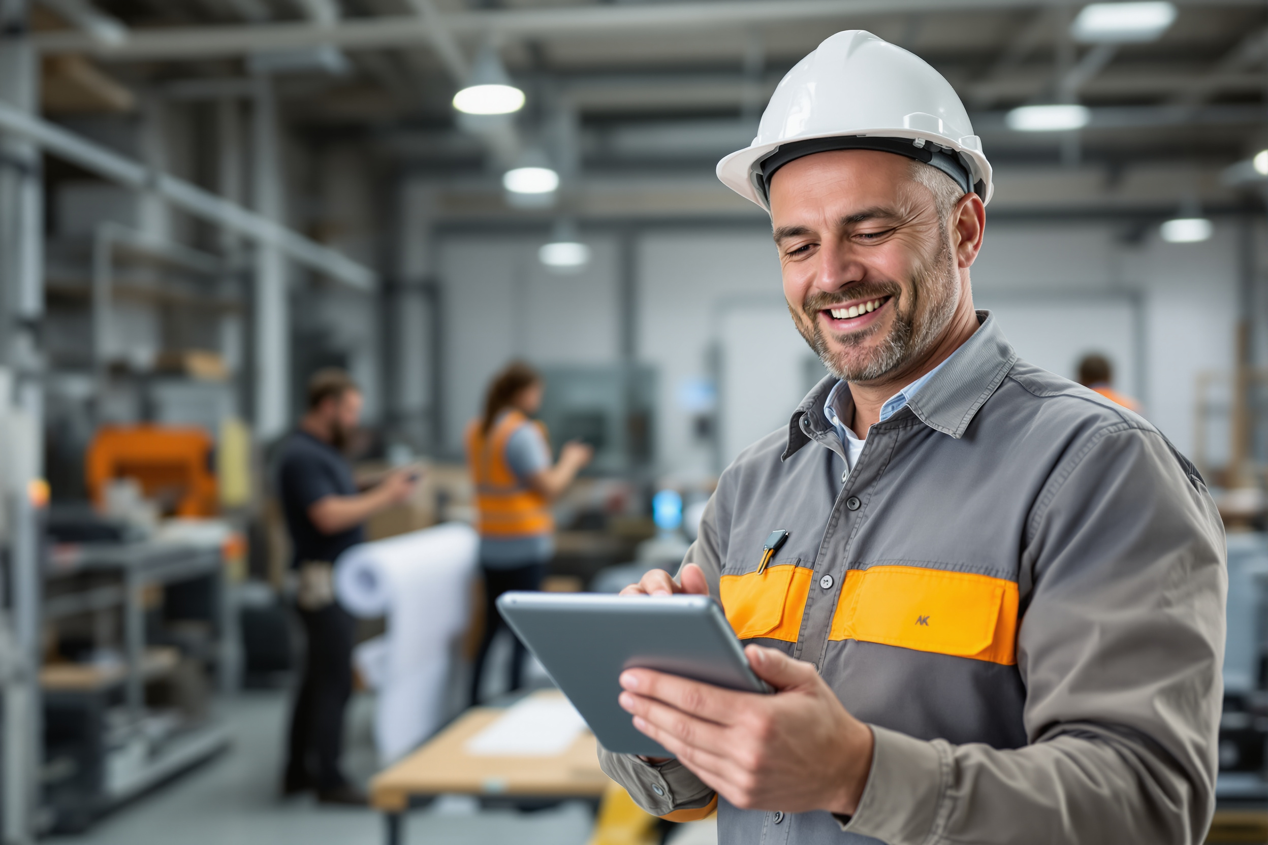 KMLS Gruppe in Zwickau: Handwerker nutzt Tablet in moderner Werkshalle, um 76% schnellere Besetzung durch Job-Bot darzustellen.