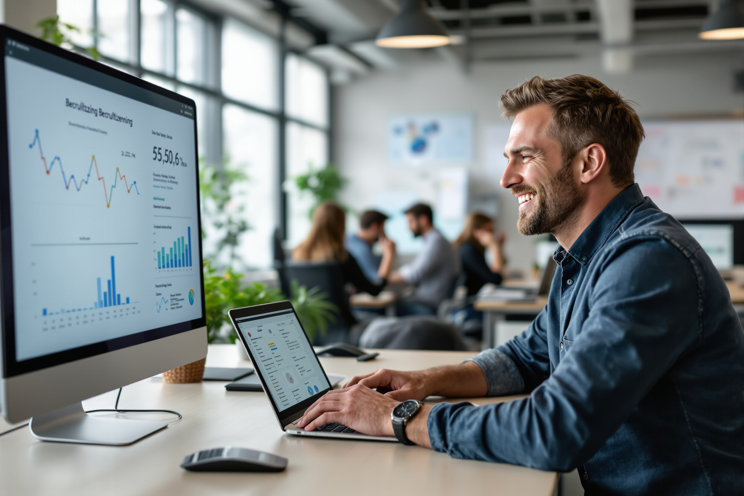 HR-Manager in Duisburg freut sich über die Beschleunigung des Recruiting-Prozesses dank Technologie.