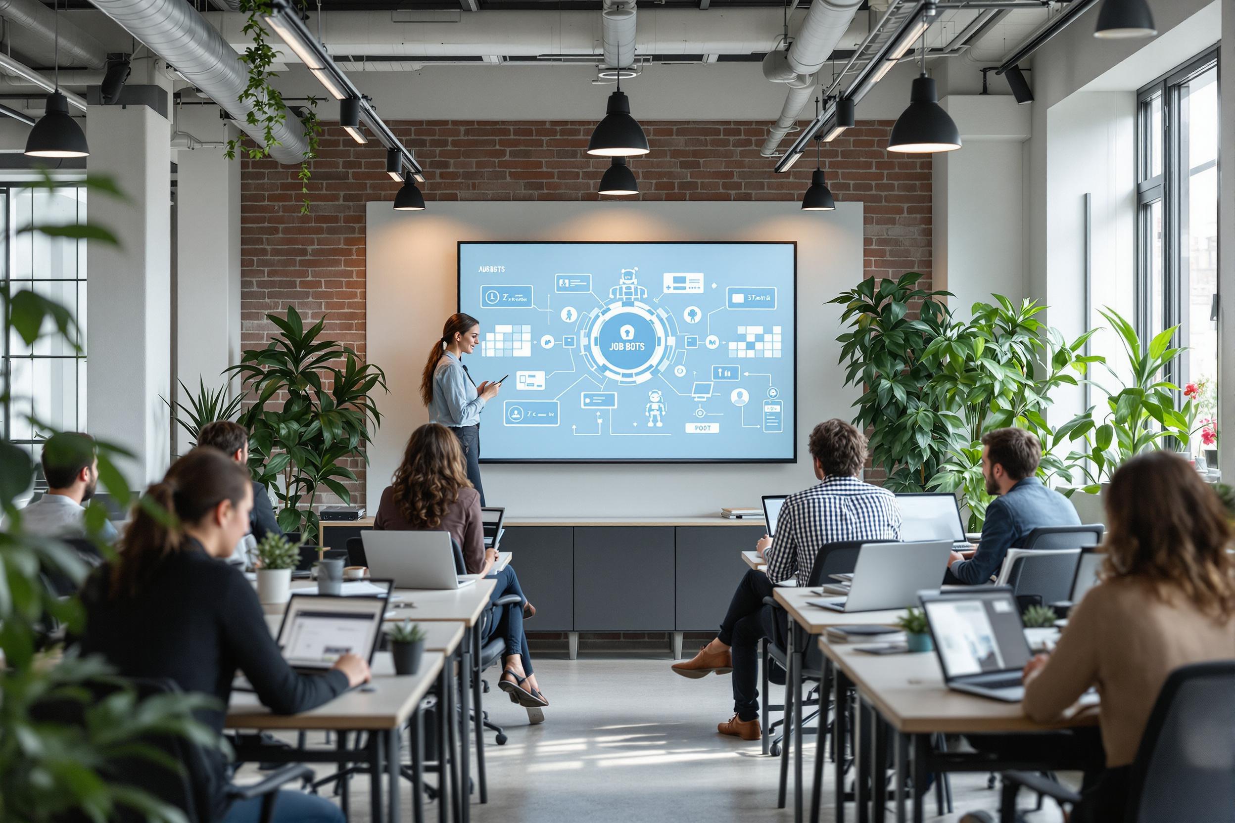 Vielfältiges Team in Bochum nutzt Job-Bots für Social Recruiting, um Fachkräftemangel zu lösen.