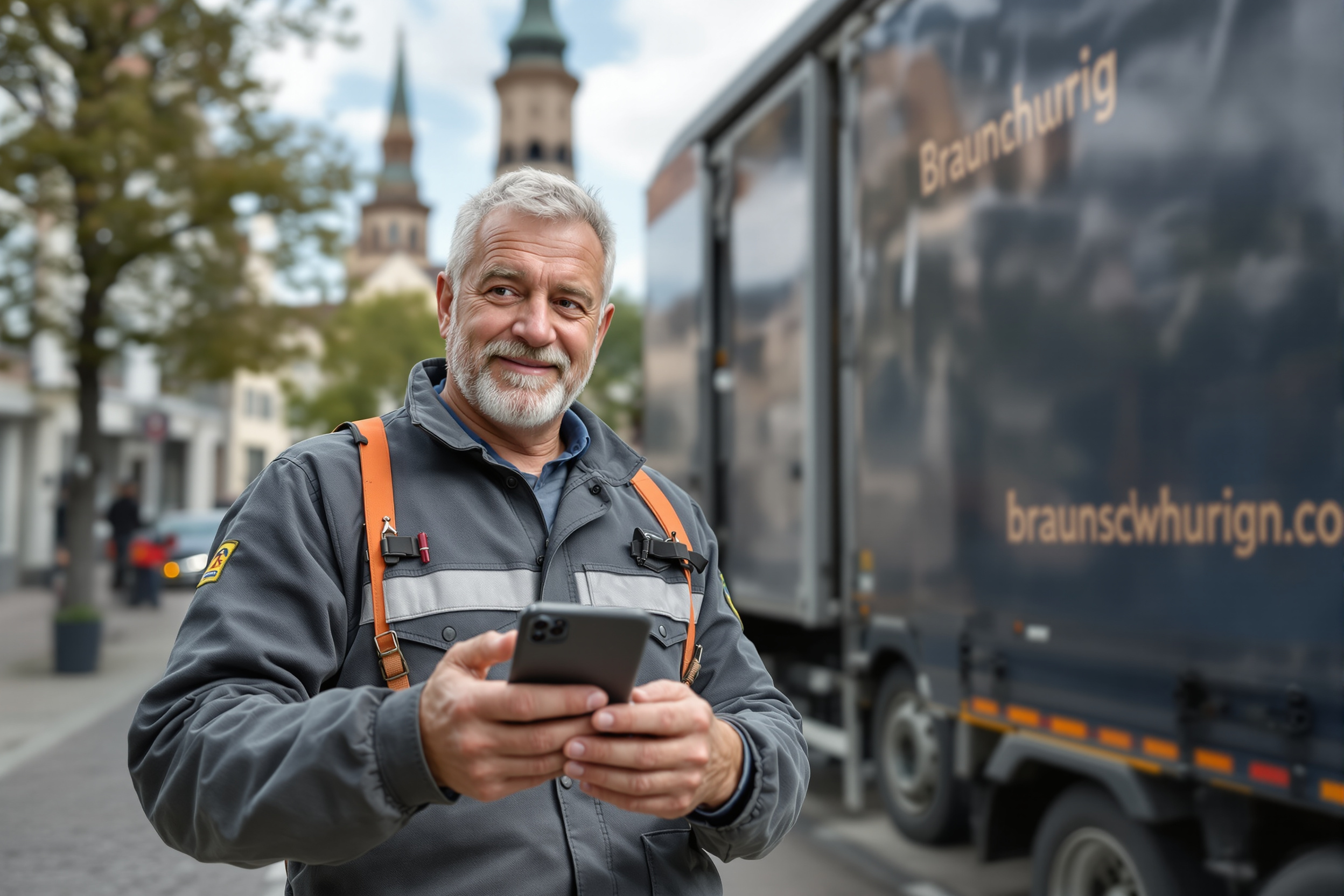 Handwerker in Braunschweig nutzt Social Media auf seinem Smartphone vor seinem Transporter.