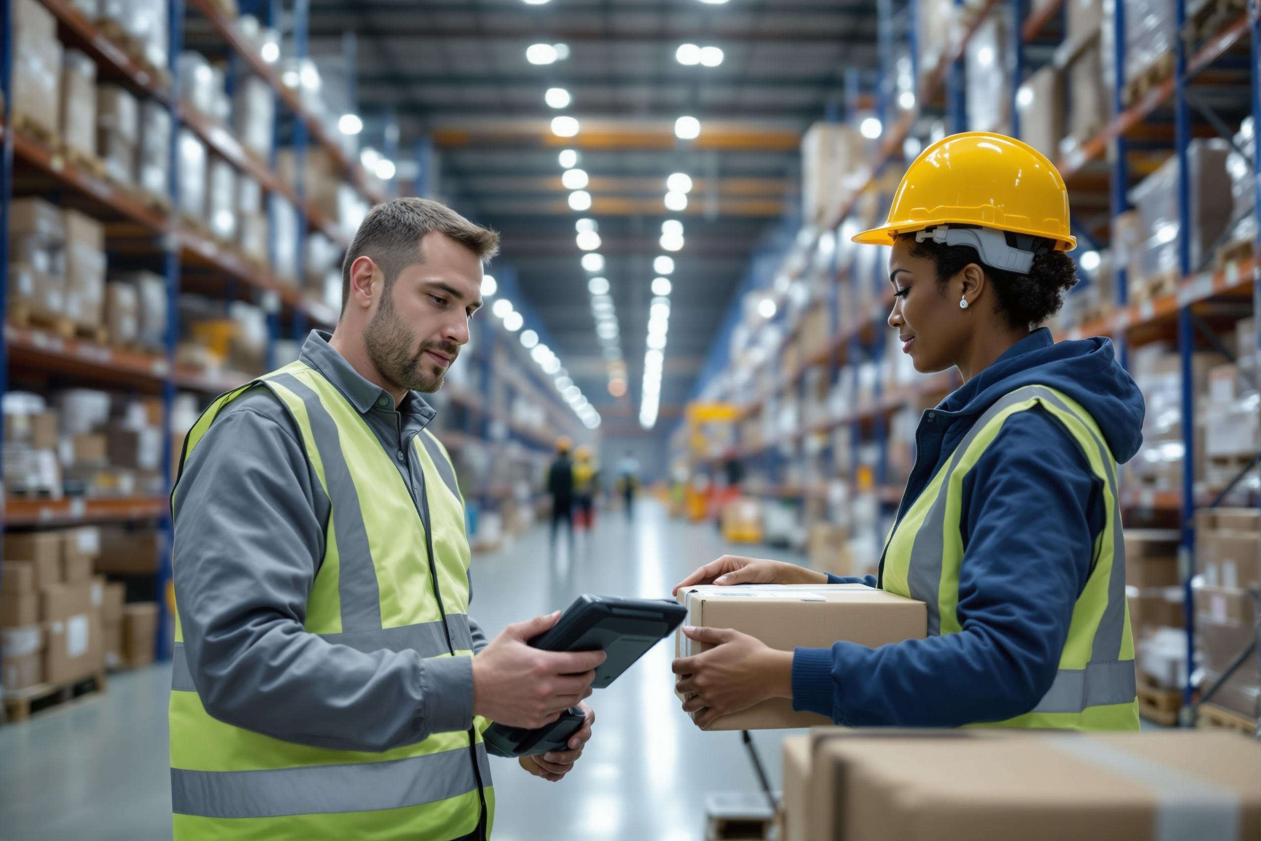 Lagerarbeiter und Gabelstaplerfahrerin im Logistikzentrum Pforzheim beim Scannen und Transport von Paketen