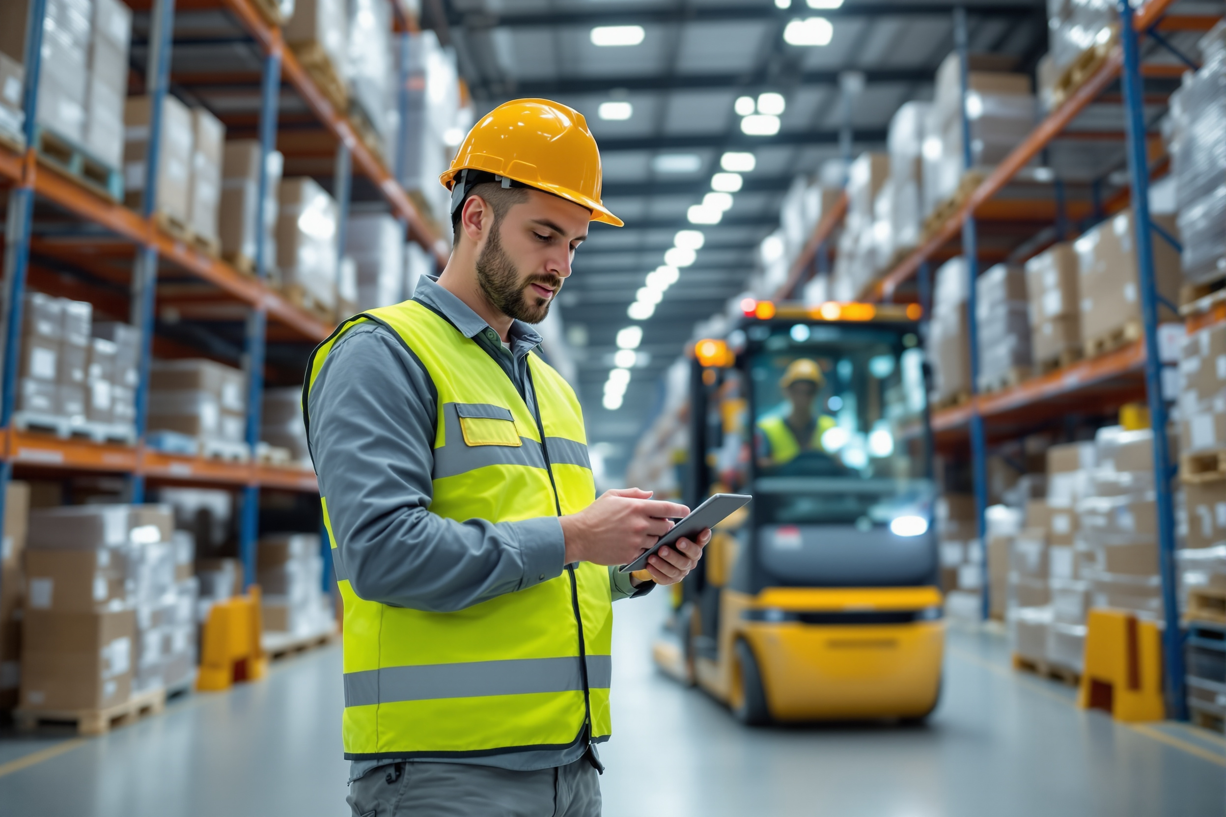 Lagerarbeiter mit Tablet in Logistik-Lagerhalle in Ludwigshafen, effizientes Lagermanagement bei inga