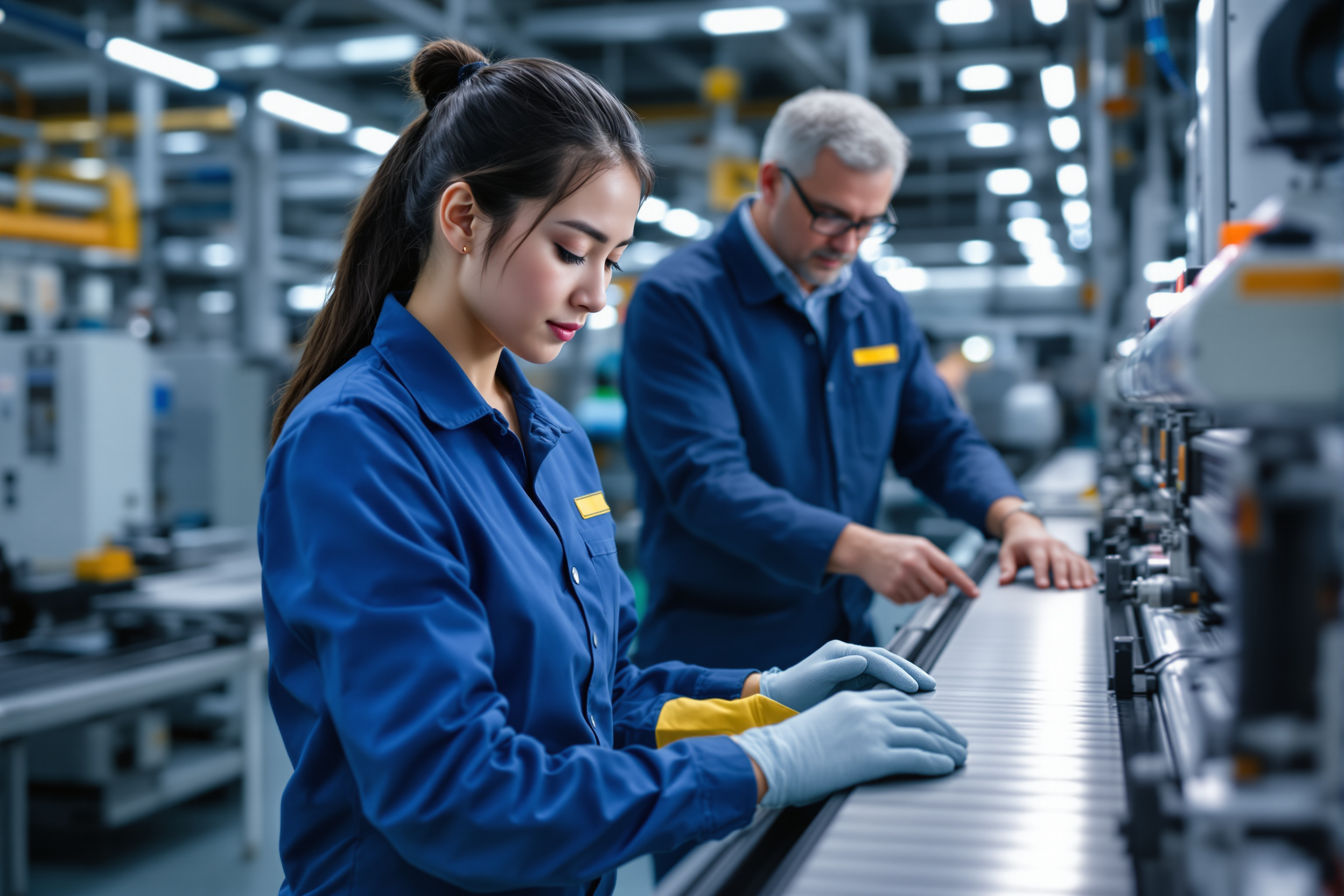 Asiatische Produktionsmitarbeiterin an Fertigungsmaschine in Bremen, Qualitätskontrolle im Hintergrund