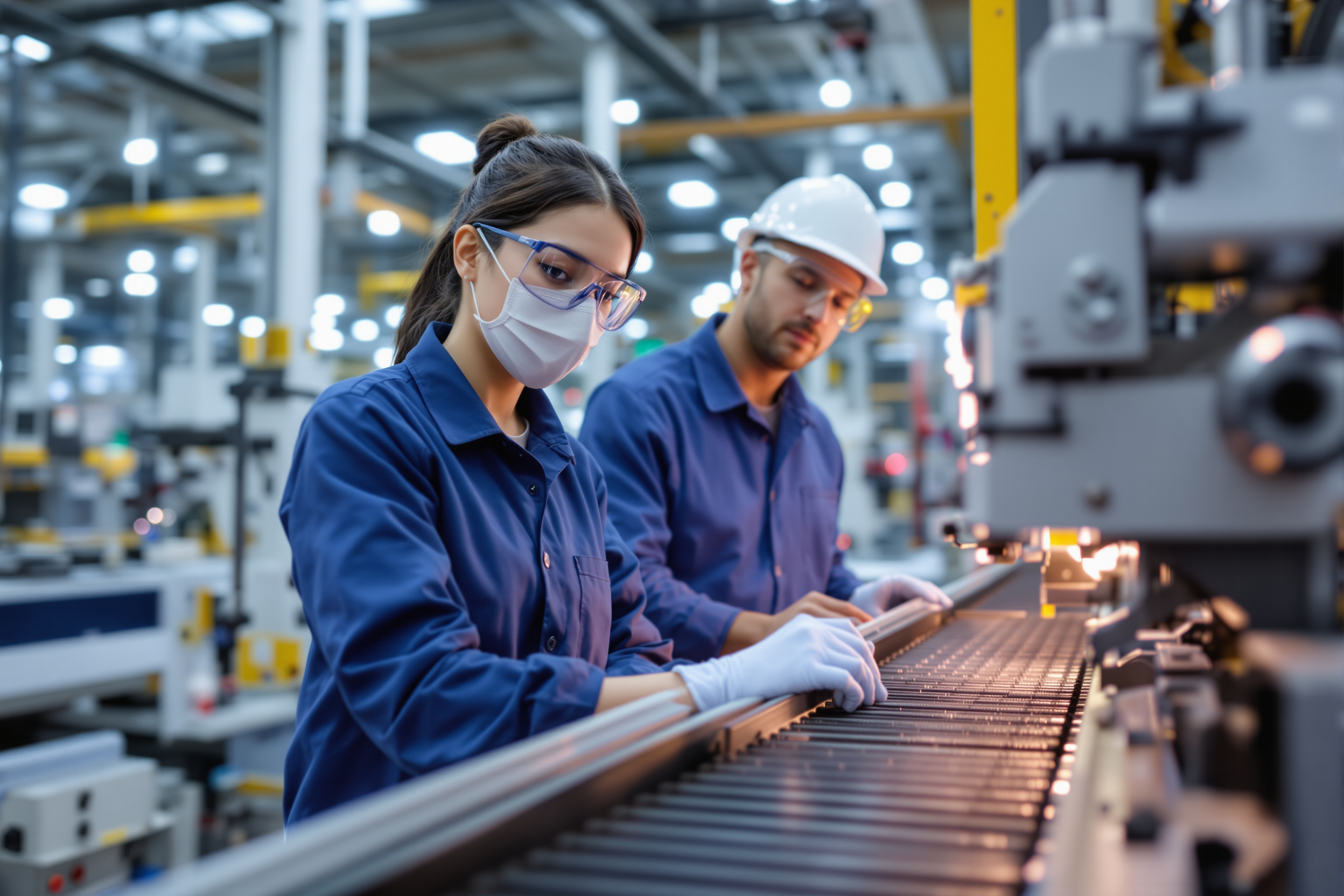 Moderne Fertigung in Schweinfurt: Asiatische Produktionsmitarbeiterin bedient Maschine, Qualitätsprüfung durch afrikanisch-amerikanischen Mitarbeiter.