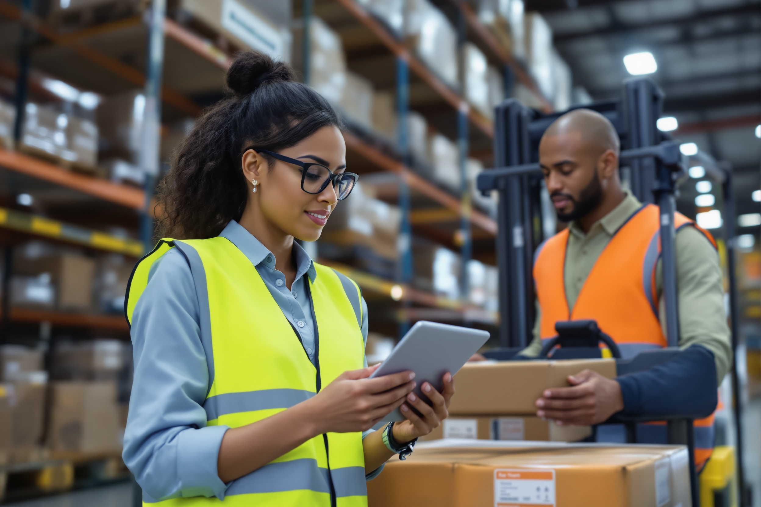 Latina Logistikmanagerin und Afroamerikanischer Gabelstaplerfahrer arbeiten effizient in einem Lagerhaus in Hamburg. Fachkräfte im Logistiksektor.