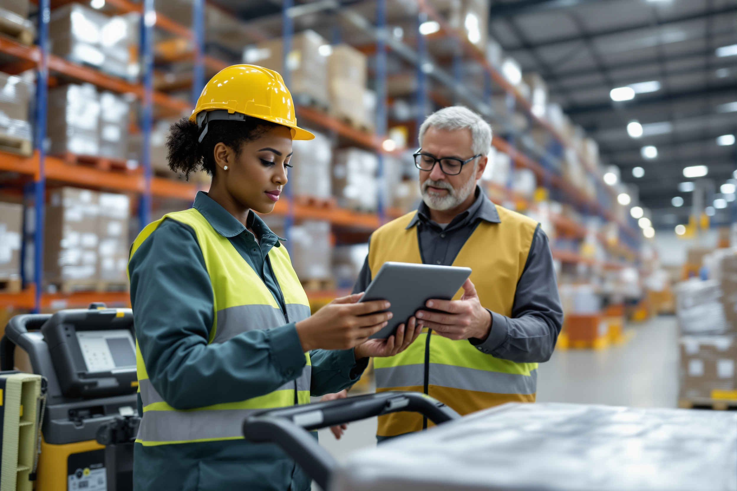Afroamerikanische Lageristin bedient Gabelstapler in Logistikzentrum Ludwigshafen