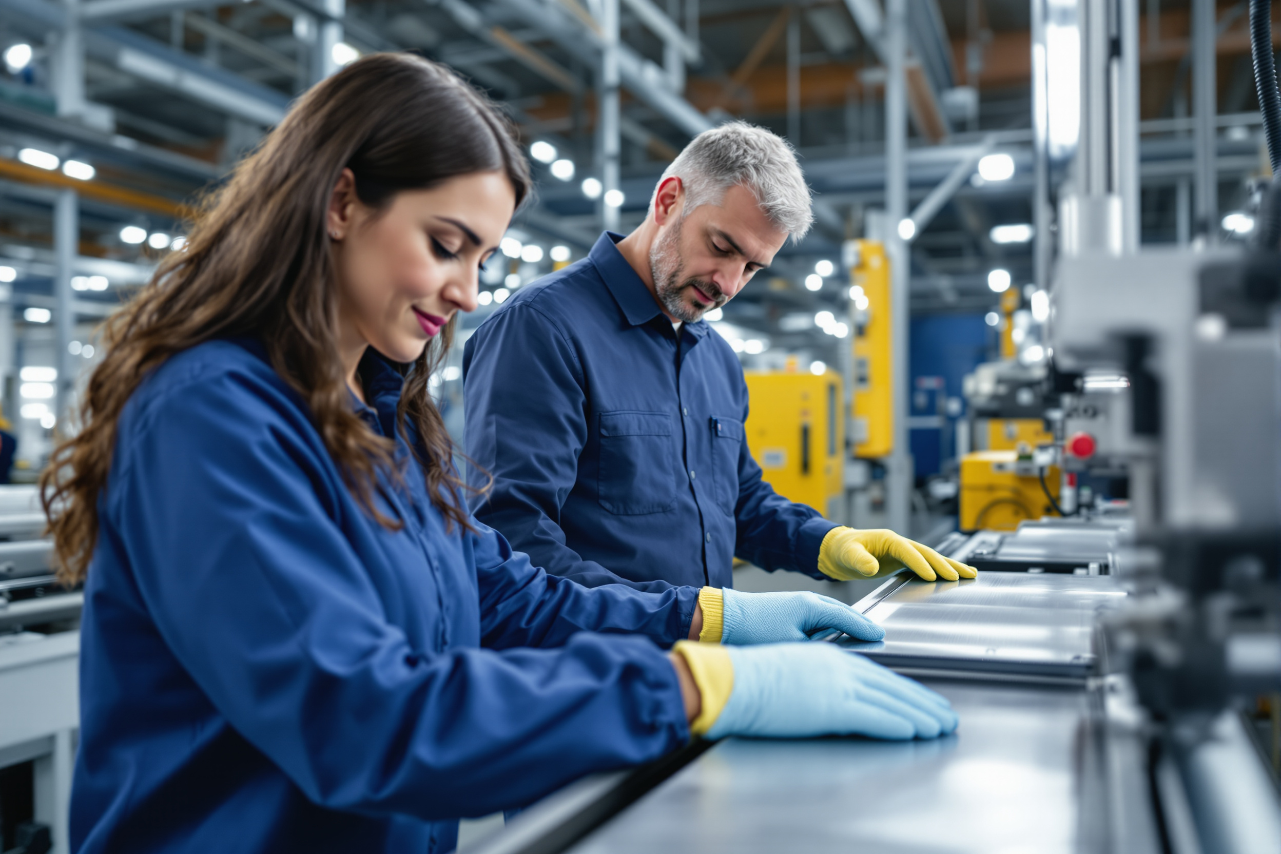 Lateinamerikanische Produktionsmitarbeiterin an Fertigungsmaschine in Bayern. Qualitätsprüfung und moderne Industrieanlage im Hintergrund.