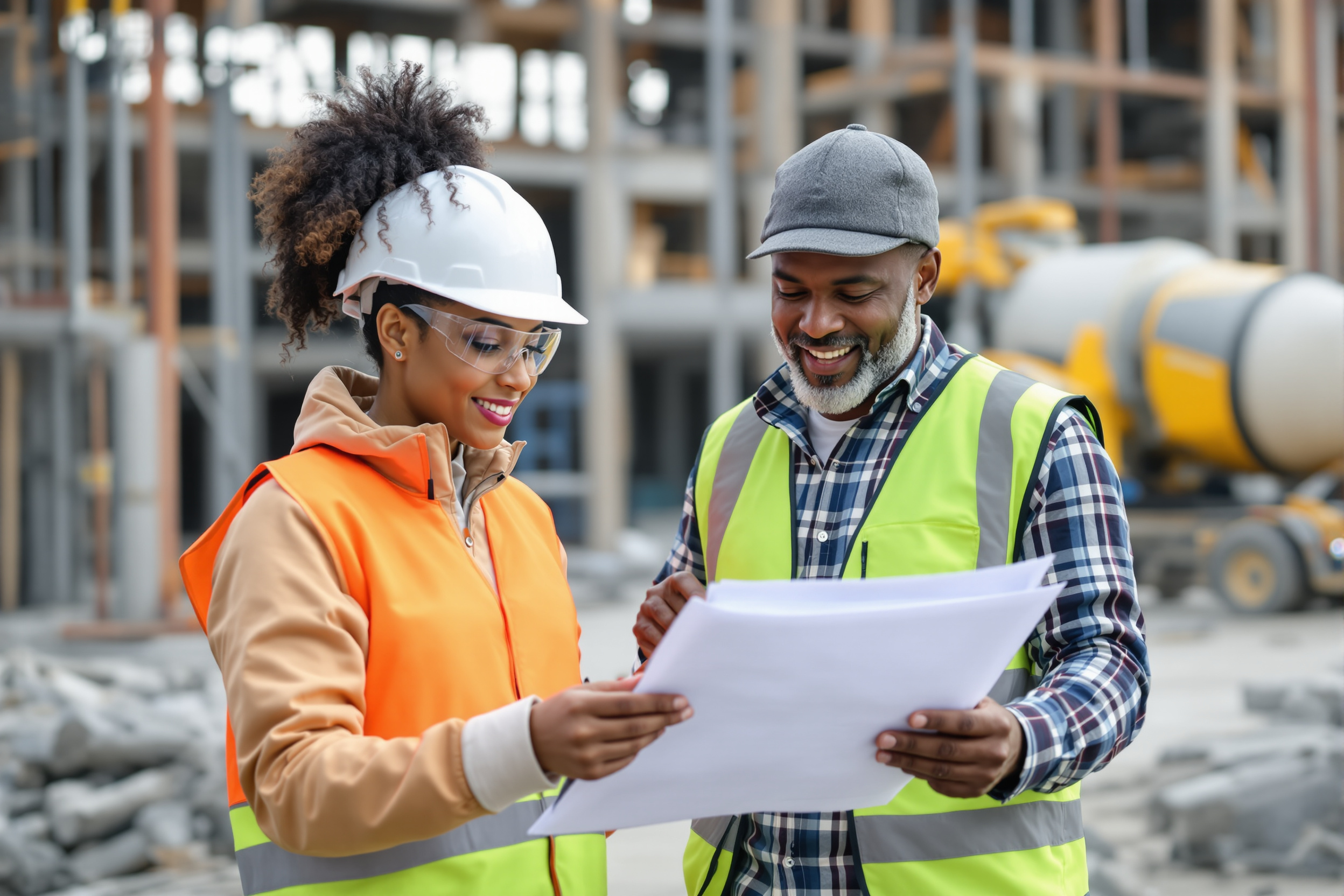 Bauingenieurin und Vorarbeiter auf Baustelle in Braunschweig, Deutschland. Fachkräftemangel im Handwerk? inga Recruiting findet die passenden Experten.