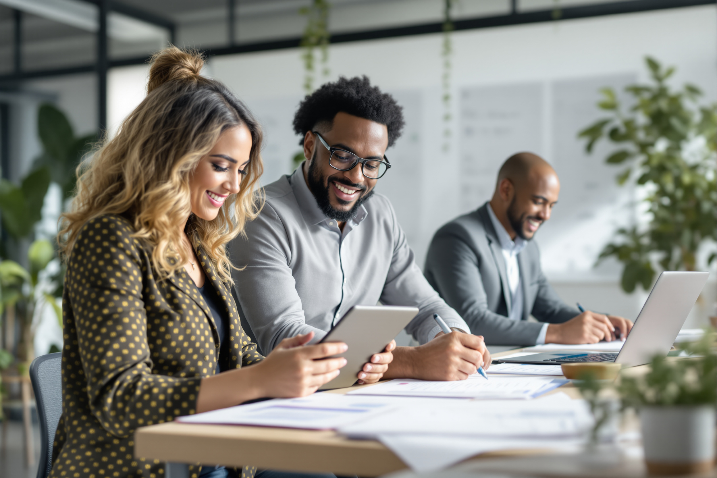 Personalbeschaffung in Schweinfurt: Vielfältiges Recruiting-Team optimiert Einstellungsprozesse für den Mittelstand in einem modernen Büro.