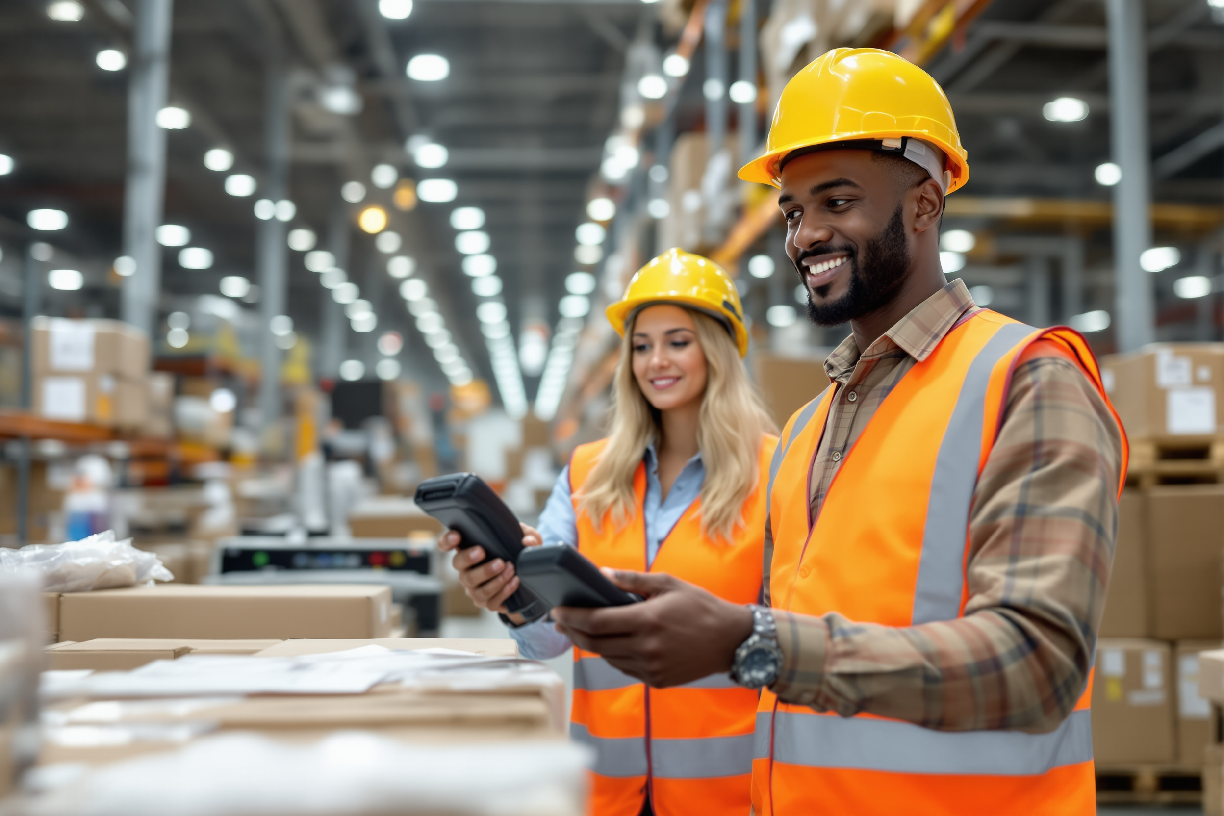 Vielfältiges Logistikteam in Bremer Lagerhalle mit Gabelstapler und Scanner für effiziente Personalbeschaffung.