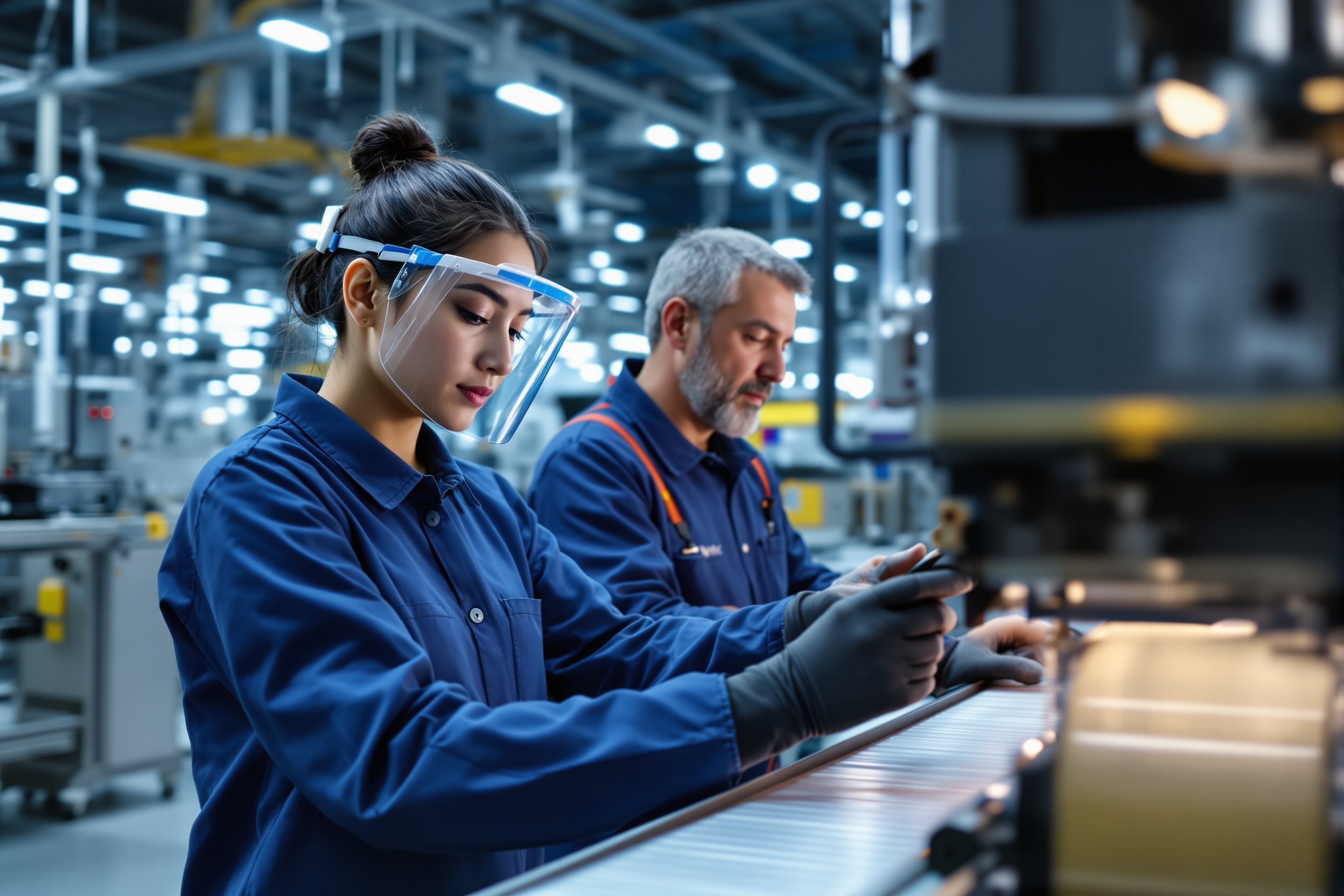 Produktionsmitarbeiterin asiatischer Herkunft bedient Fertigungsmaschine in Produktionshalle in Duisburg. Qualitätskontrolle durch Mitarbeiter.