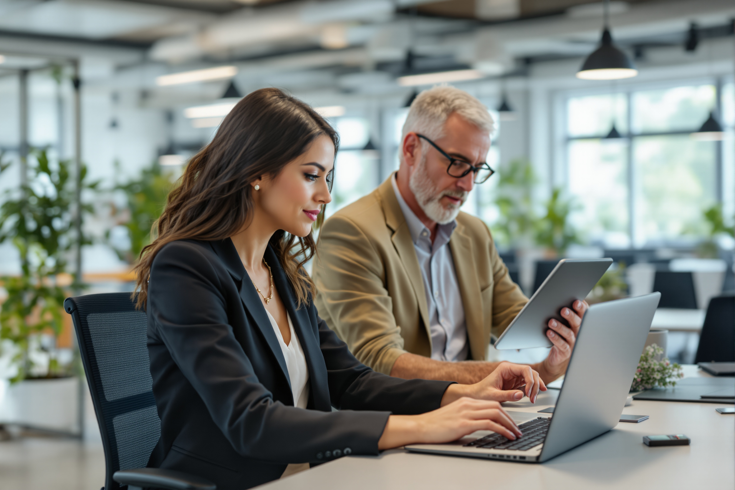 HR-Managerin und Recruiting-Spezialist analysieren Recruiting-Kosten in Pforzheim, datengestützte Analyse im Büro