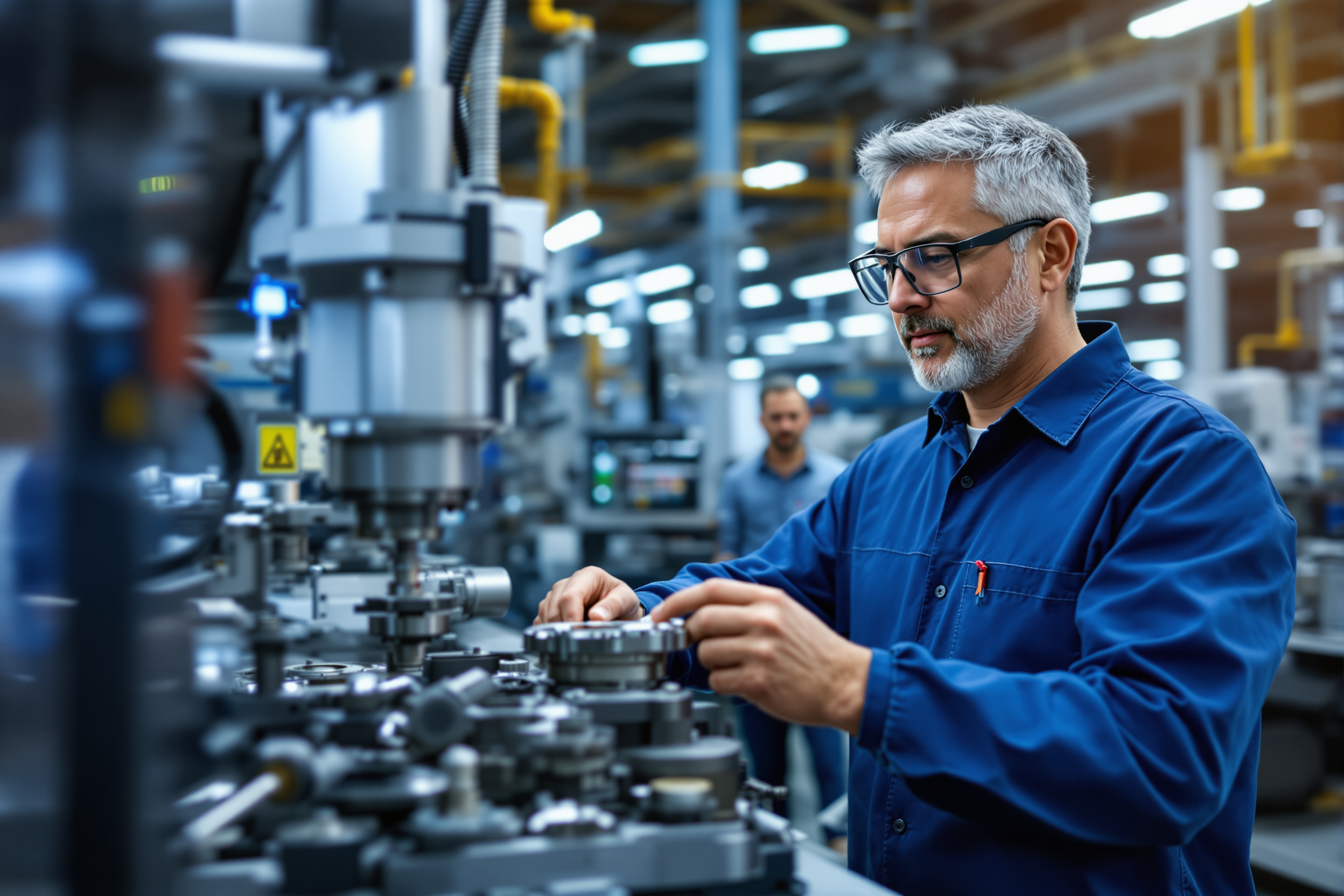 Vielfältige Mitarbeiter in der Produktion in Pforzheim bedienen Fertigungsmaschinen. Social Media Stellenanzeige.