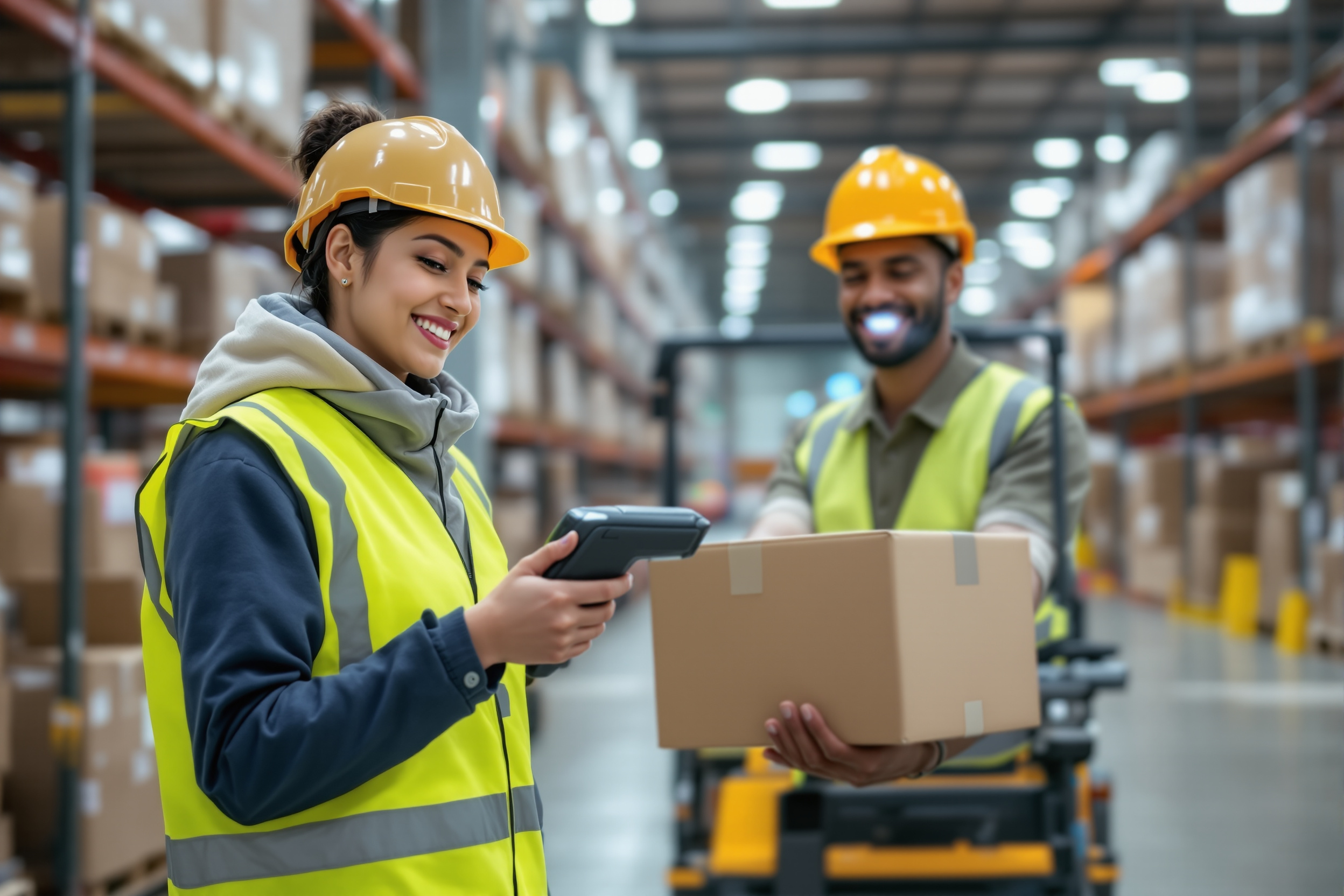 Vielfältiges Team im Logistikzentrum: Asiatische Lagermitarbeiterin scannt Pakete, afroamerikanischer Gabelstaplerfahrer im Einsatz. Effiziente Logistik in Deutschland.