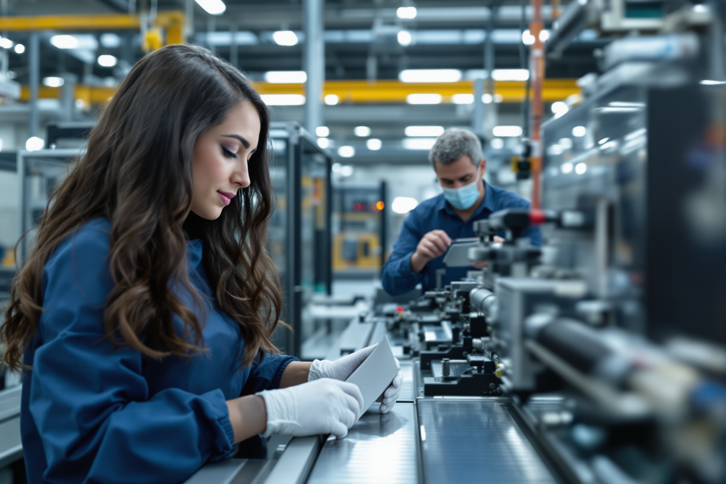 Produktionsmitarbeiterin bedient Fertigungsmaschine in Braunschweig, vielfältiges Team, moderne Industrie