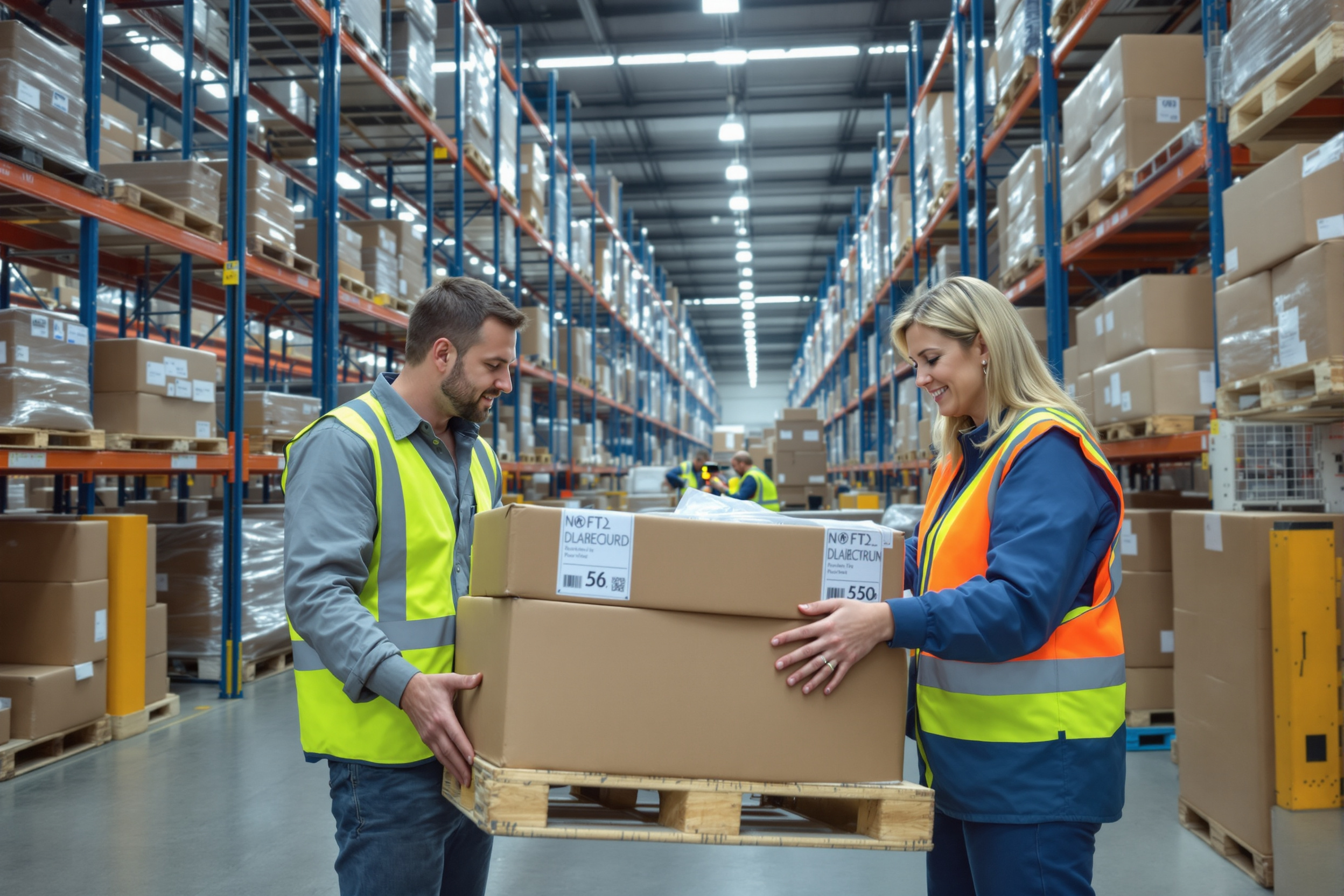 Vielfältiges Logistikteam in Zwickau arbeitet effizient im Lager mit Gabelstapler und Scanner.
