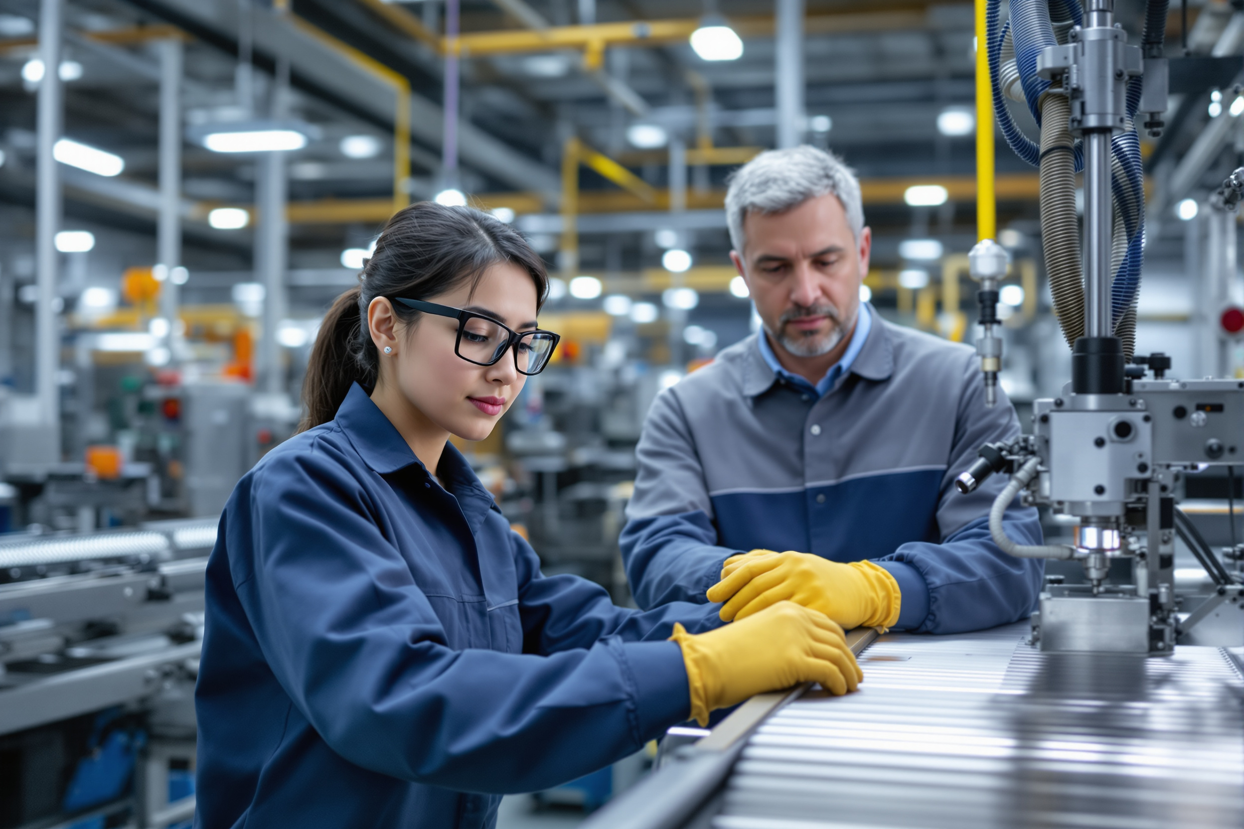 Vielfältige Fachkräfte in der Produktion Ludwigshafen: Asiatische Arbeiterin bedient Maschine, Afroamerikaner prüft Qualität