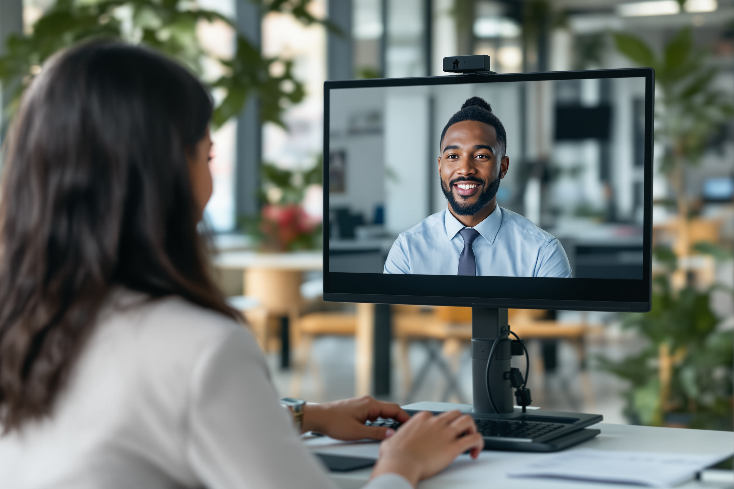 Latina Recruiter führt Online-Bewerbungsgespräch mit afrikanisch-amerikanischem Kandidaten in modernem Büro, Deutschland