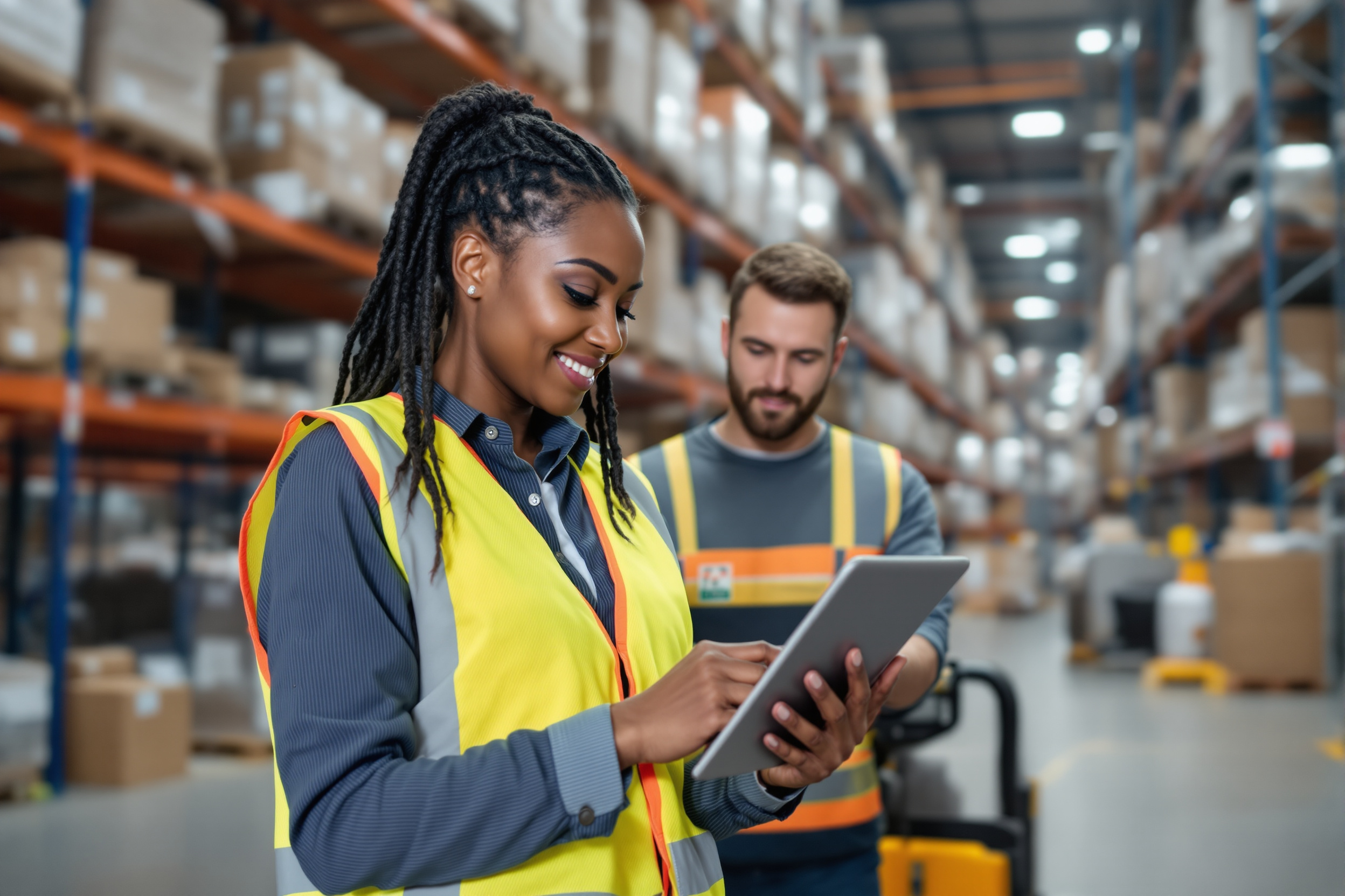 Effizientes Bewerbermanagement: Logistikmanagerin und Lagerarbeiter im deutschen Logistikzentrum arbeiten mit Tablet und Hubwagen.