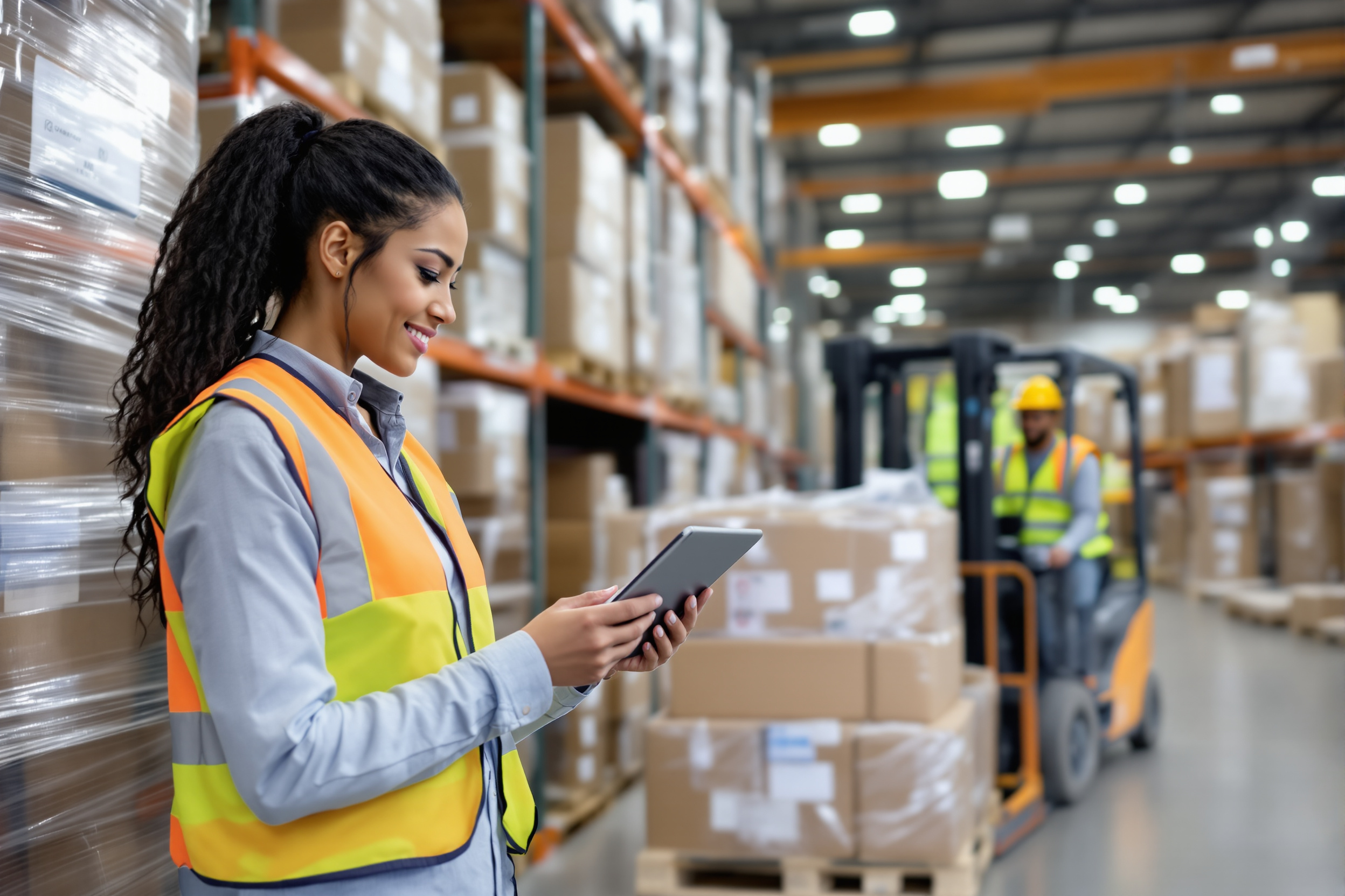 Stepstone Bewerbungen: Latina Logistikmanagerin und Afroamerikanischer Gabelstaplerfahrer im Hamburger Lager prüfen Bewerbungen und optimieren den Bewerbungsprozess.