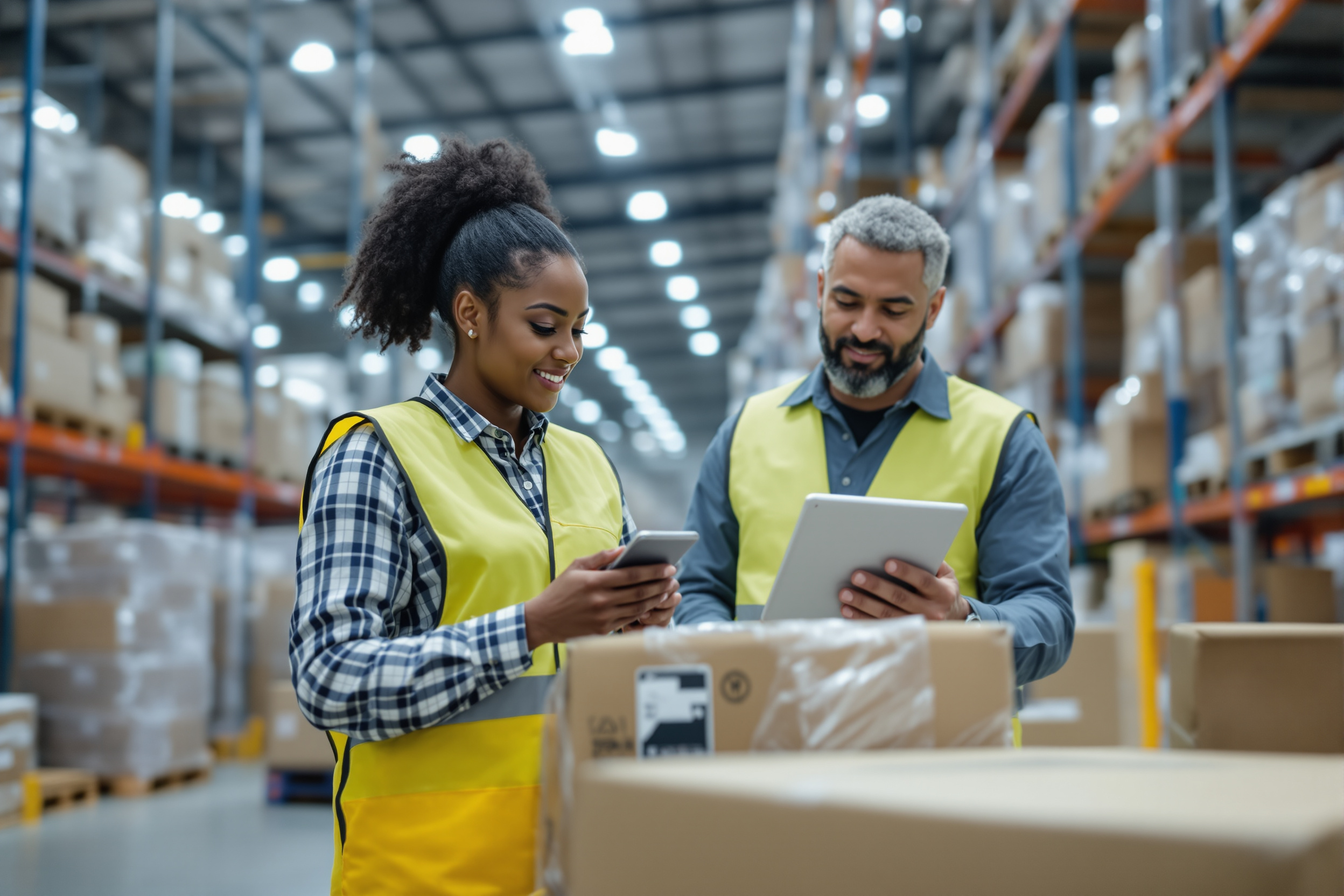 Junge Lagerarbeiterin fährt Gabelstapler in Logistikzentrum in Deutschland