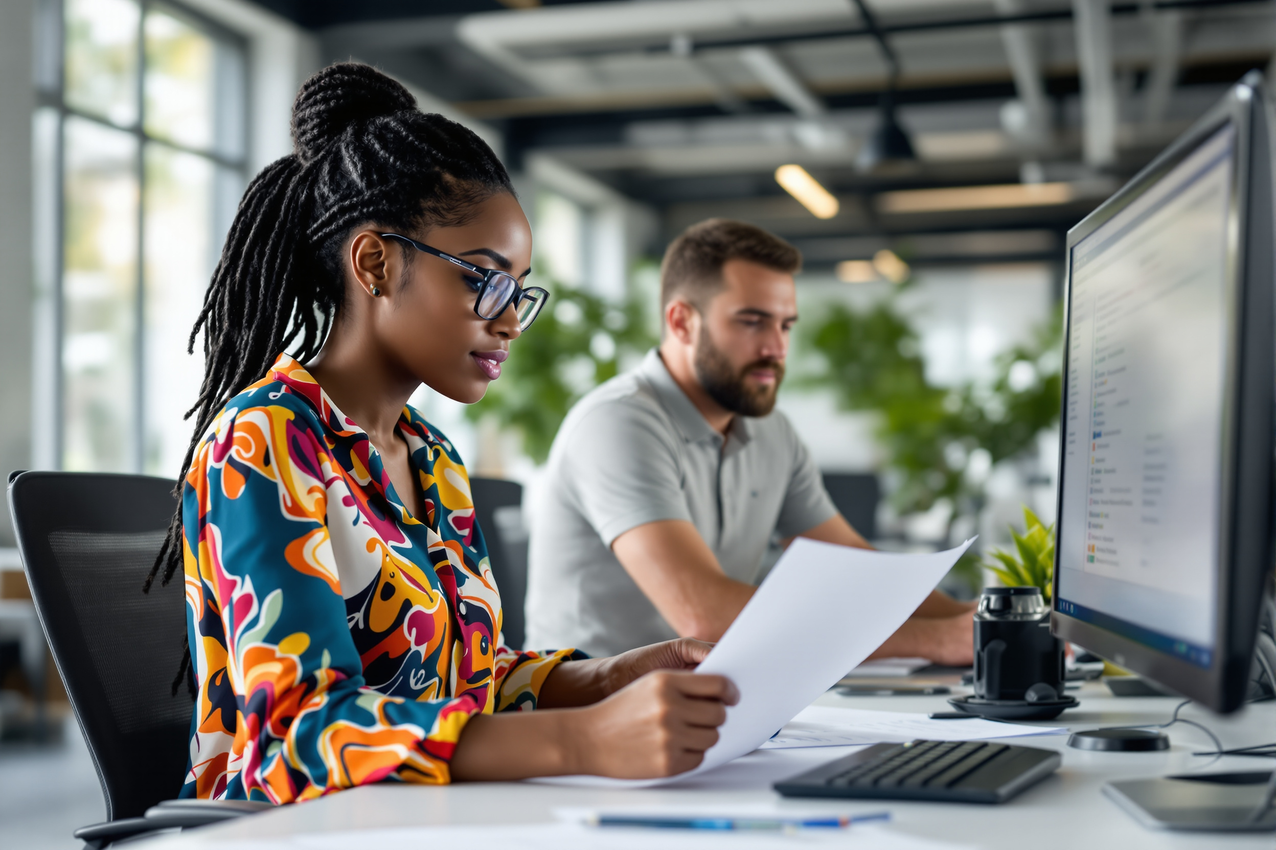 Junge, schwarze Personalmitarbeiterin prüft Bewerbungen automatisch im modernen Büro in Deutschland.