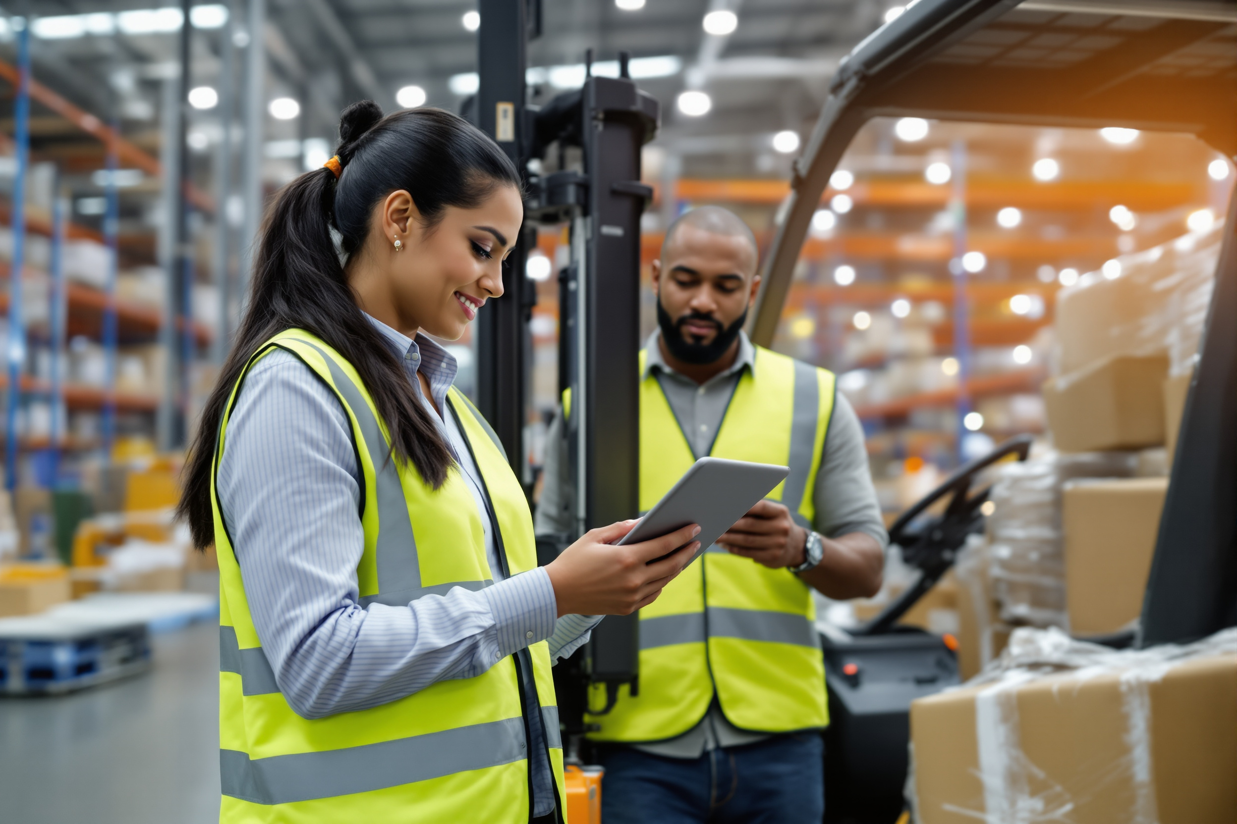 Latina Logistikmanagerin und Afroamerikanischer Lagerarbeiter im Logistikzentrum in Deutschland arbeiten zusammen