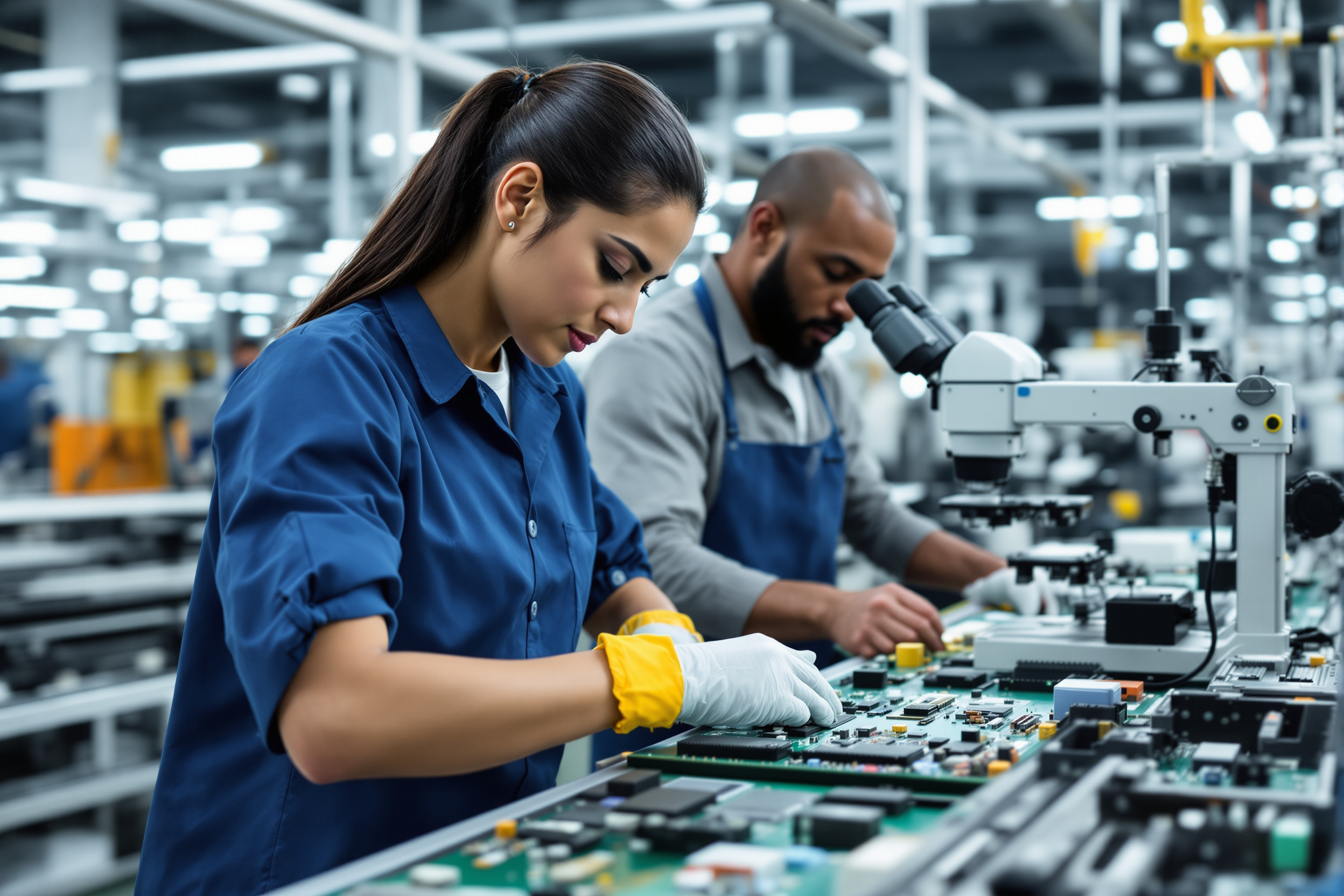 Junge Latina Mitarbeiterin in der Elektronikproduktion in Deutschland bei der Montage von Bauteilen. Qualitätskontrolle durch afrikanisch-amerikanischen Inspektor.