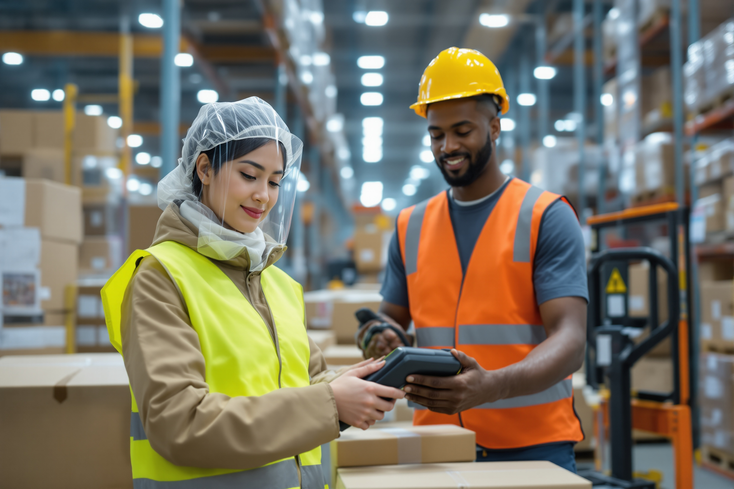 Junge asiatische Lagerarbeiterin scannt Pakete in Logistikzentrum in Deutschland