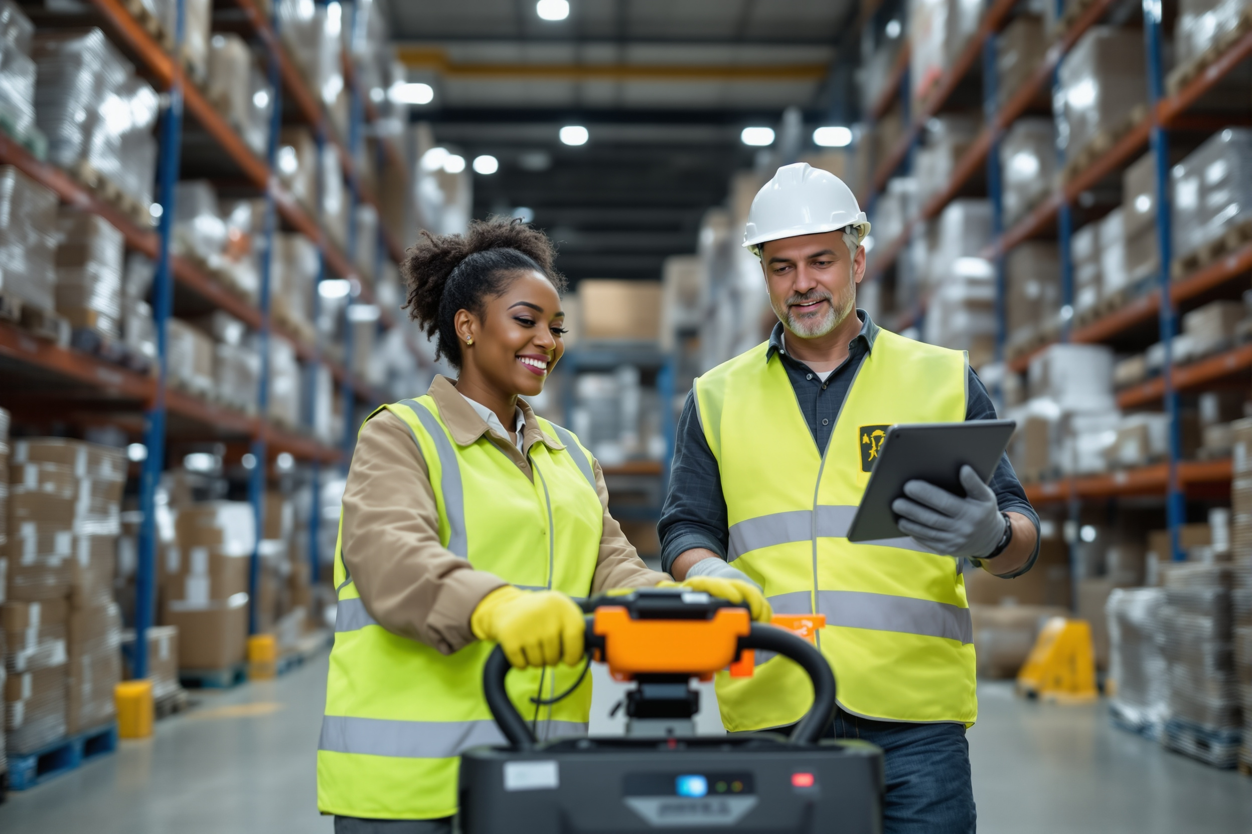 Afroamerikanische Lageristin bedient Gabelstapler in einem Logistiklager für medizinische Produkte in Deutschland.