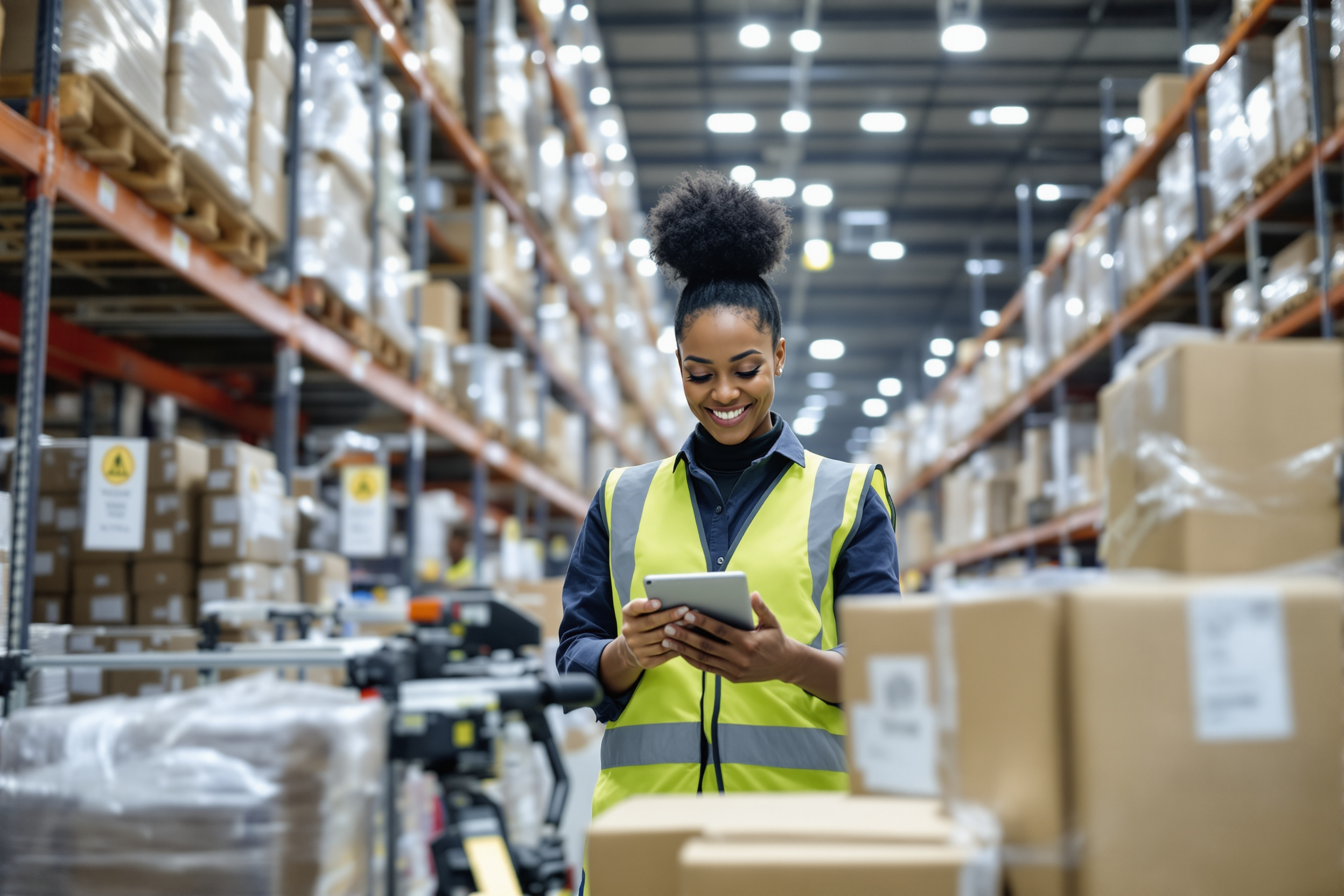 Vielfältiges Team im Logistikzentrum: Lateinamerikanische Gabelstaplerfahrerin und afroamerikanischer Lagermitarbeiter optimieren Stepstone Bewerbungsprozesse in Deutschland.