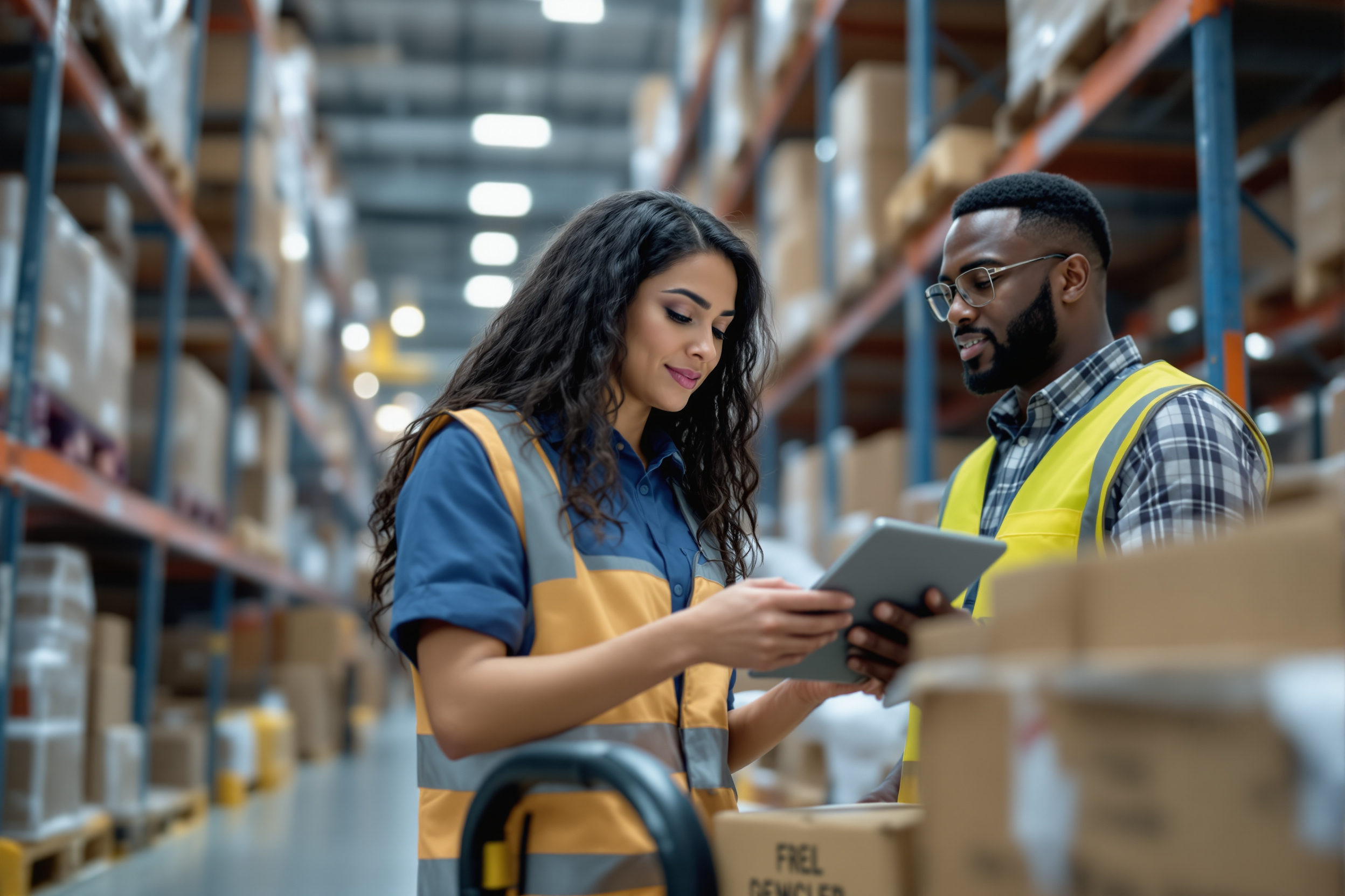 Lagerarbeiterin bedient Hubwagen in Logistikhalle, vielfältiges Team, Deutschland