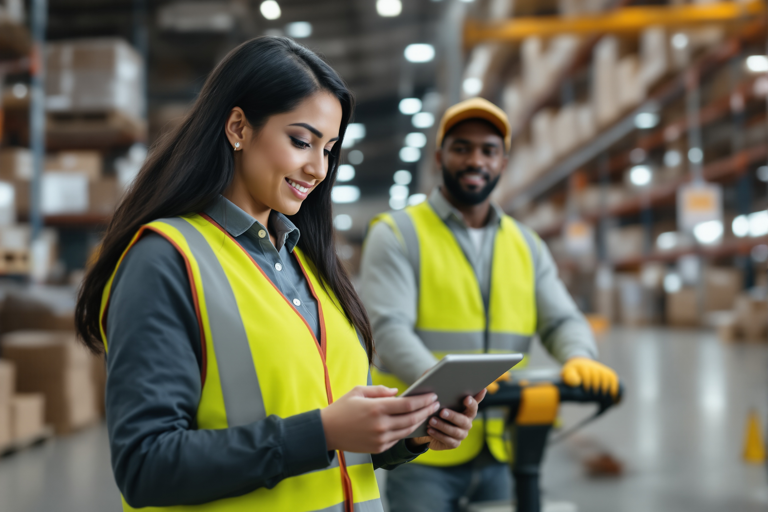 Latina Logistikmanagerin optimiert Lieferrouten in einem deutschen Lager mit einem jungen afroamerikanischen Lagerarbeiter, der einen Elektrohubwagen bedient