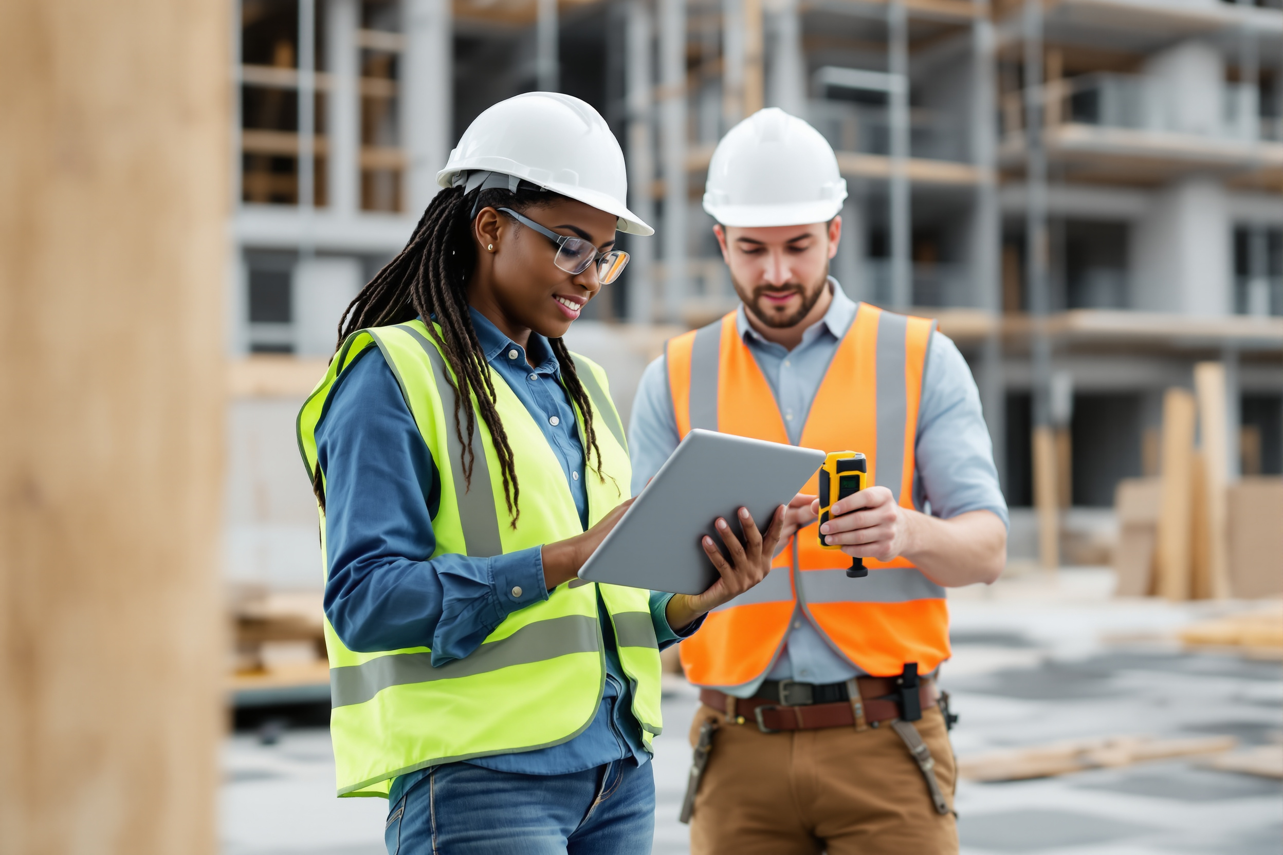 Bewerbungsmanagement im Handwerk: Bauleiterin und Auszubildender prüfen Bewerbungen auf einer Baustelle in Deutschland.