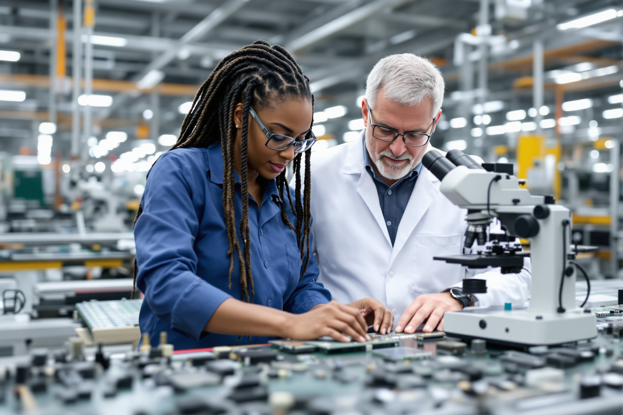 Qualitätskontrolle in der Produktion: Afroamerikanische Arbeiterin inspiziert Elektronik in einer deutschen Fabrik.