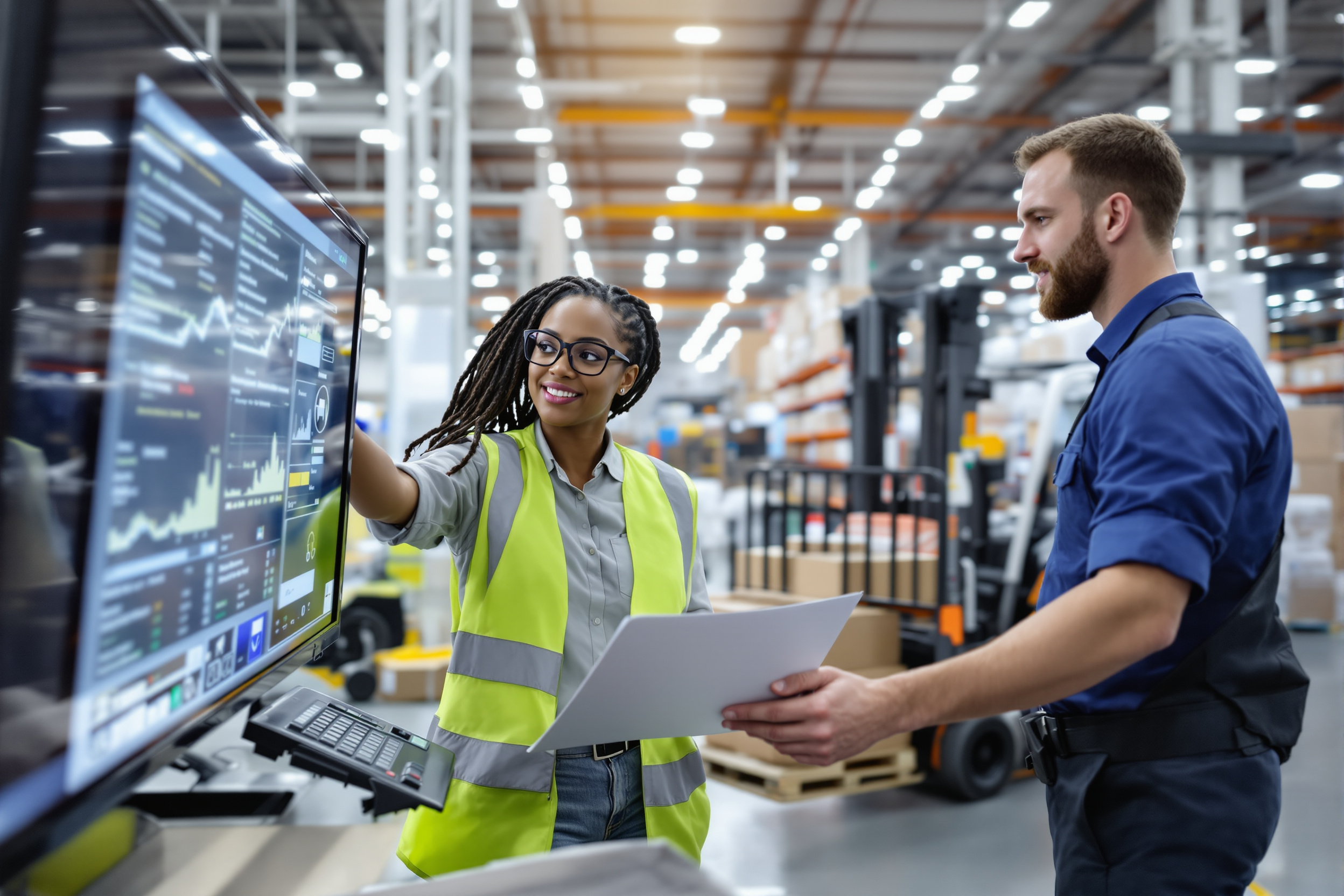 Eine Logistikmanagerin und ein Gabelstaplerfahrer arbeiten zusammen in einem modernen deutschen Logistikzentrum, um medizinische Güter zu verwalten.