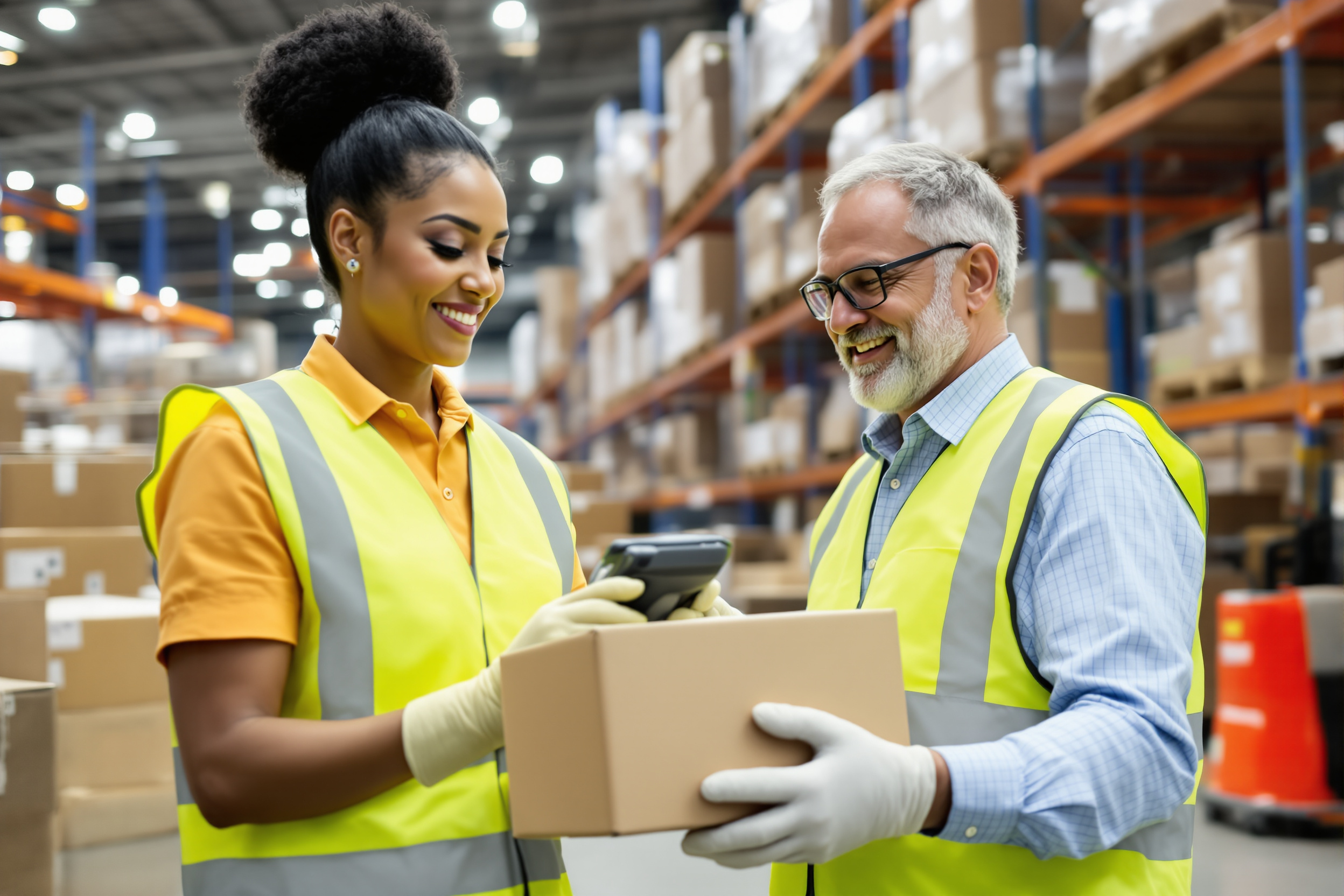 Lagerarbeiterin scannt Pakete im Logistikzentrum, Gabelstapler im Hintergrund, Diversität, Deutschland