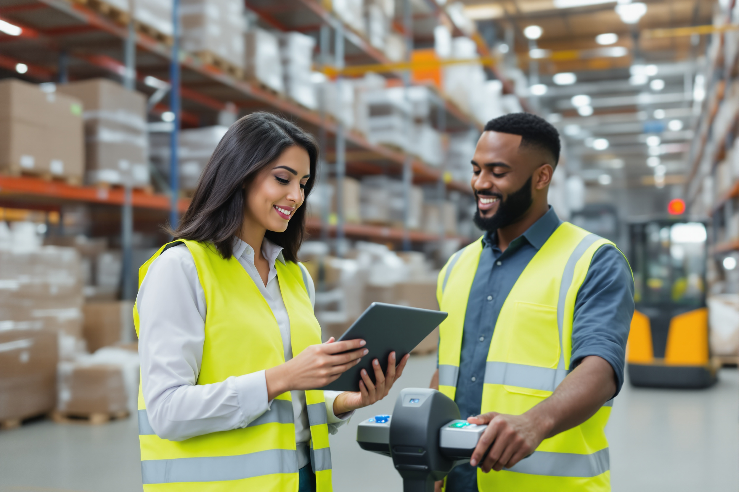 Latina Logistikmanagerin und Afroamerikanischer Lagerarbeiter arbeiten in einem deutschen Logistikzentrum mit modernen Geräten.