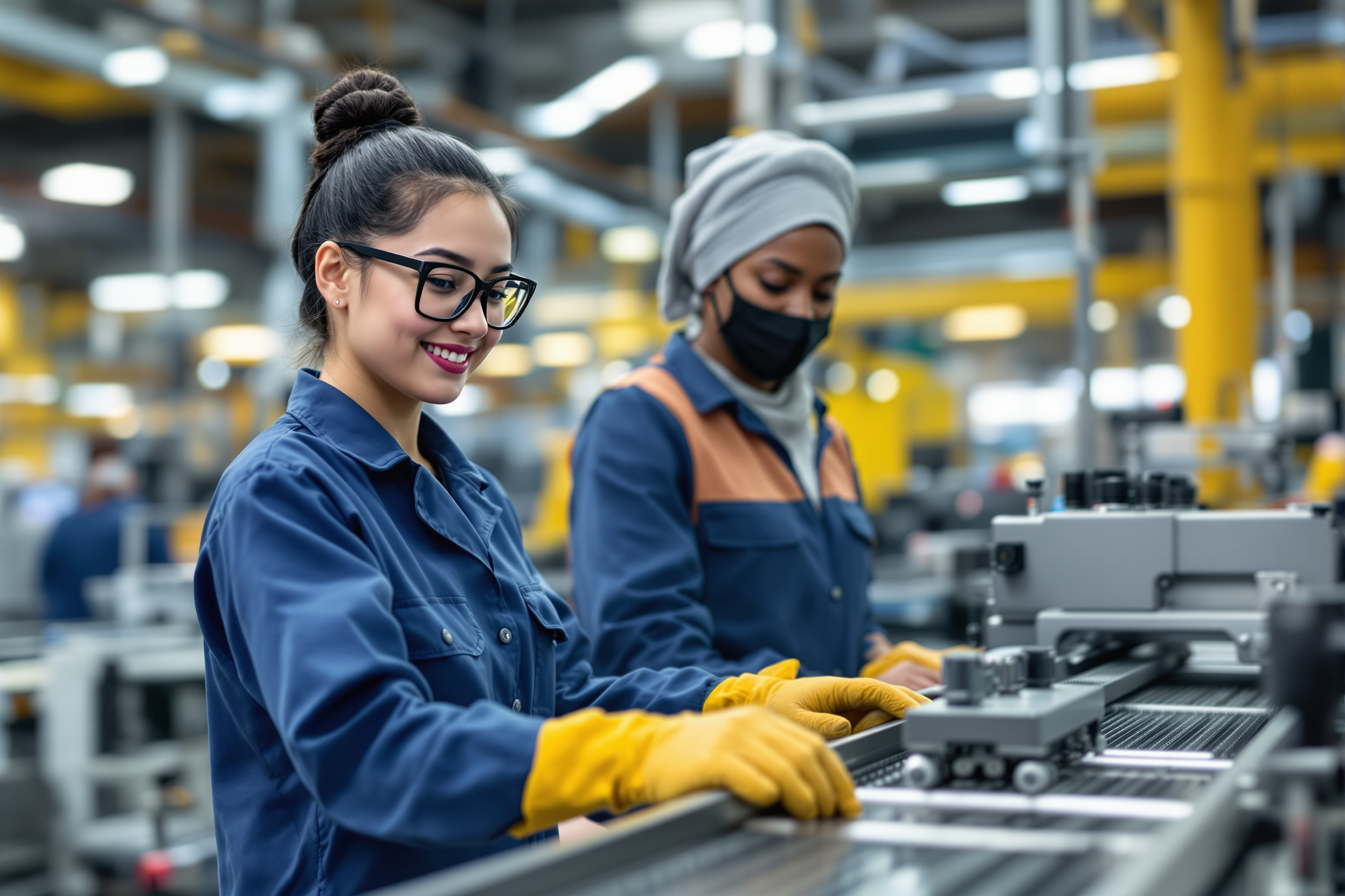 Effizientes Bewerbermanagement in der Produktion: Vielfältiges Team arbeitet an Fertigungsmaschine in Deutschland