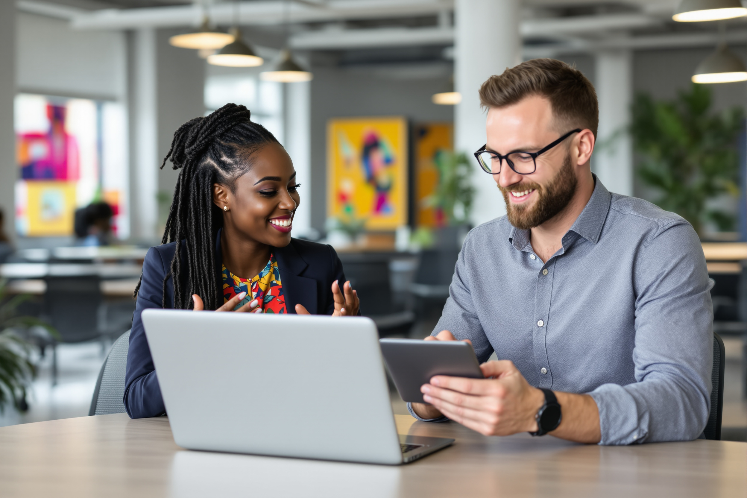 Junge, divers aufgestellte Personalabteilung führt Bewerber-Screening mit Laptop und Tablet in modernem Büro durch. Fokus auf effiziente Technologie für Top-Fachkräfte, Deutschland.