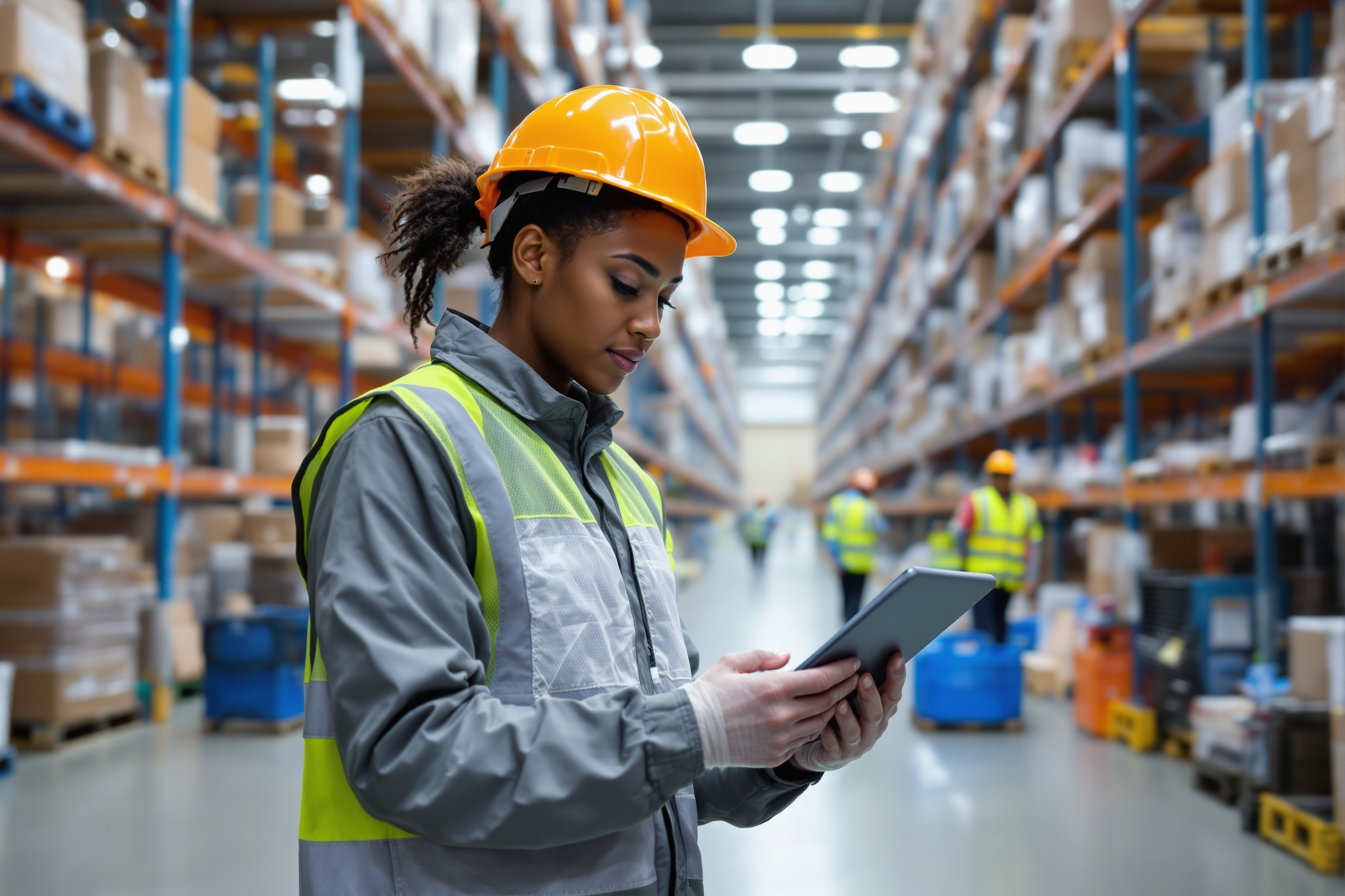 Vielfältiges Team im Logistikzentrum: Afroamerikanische Gabelstaplerfahrerin und kaukasischer Lagerleiter prüfen Lieferungen. Effiziente Bewerberqualität in der Logistik, Deutschland.