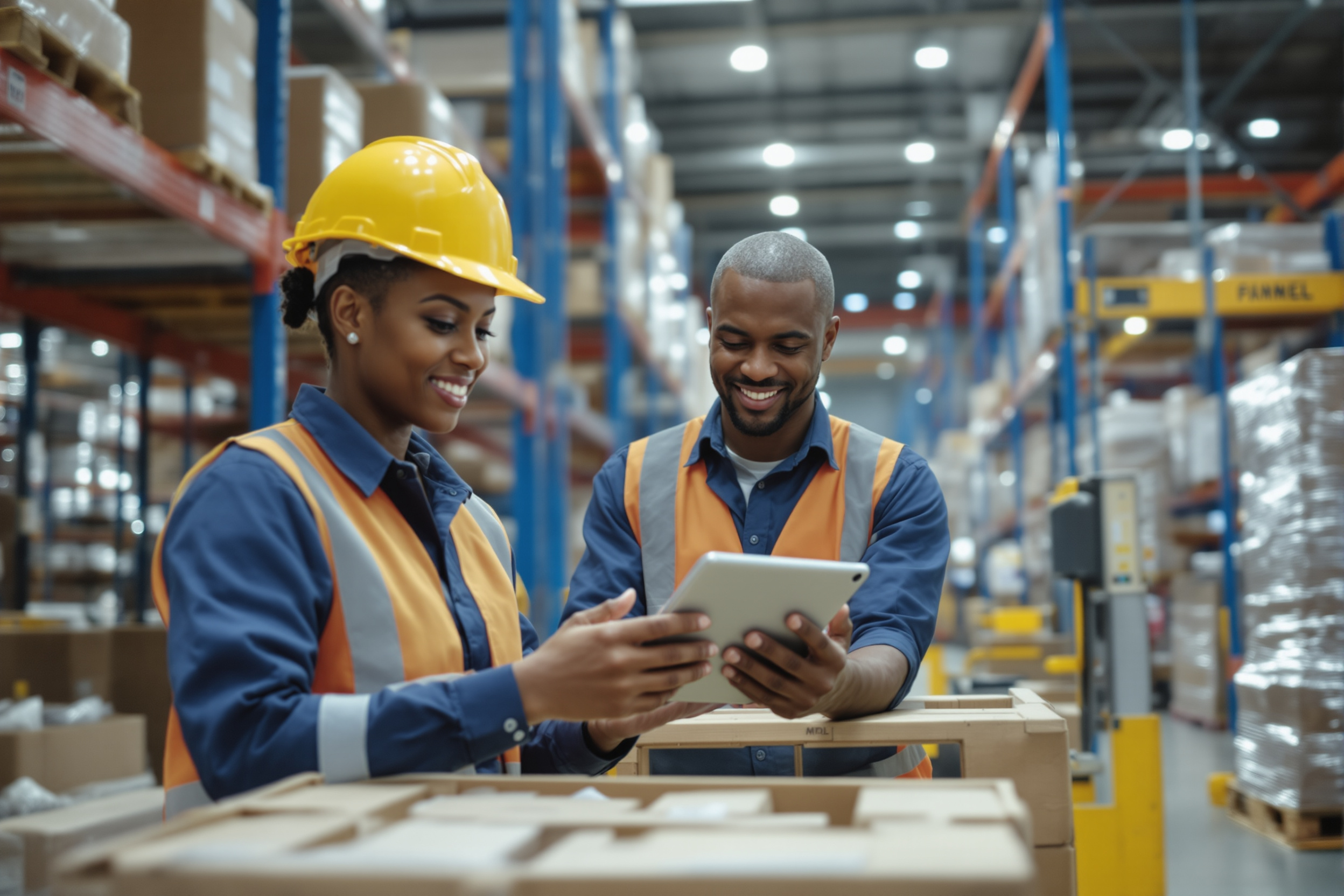 Lagerarbeiterin mit Tablet im Logistikzentrum, Gabelstapler im Hintergrund, moderne Lagerverwaltung in Deutschland