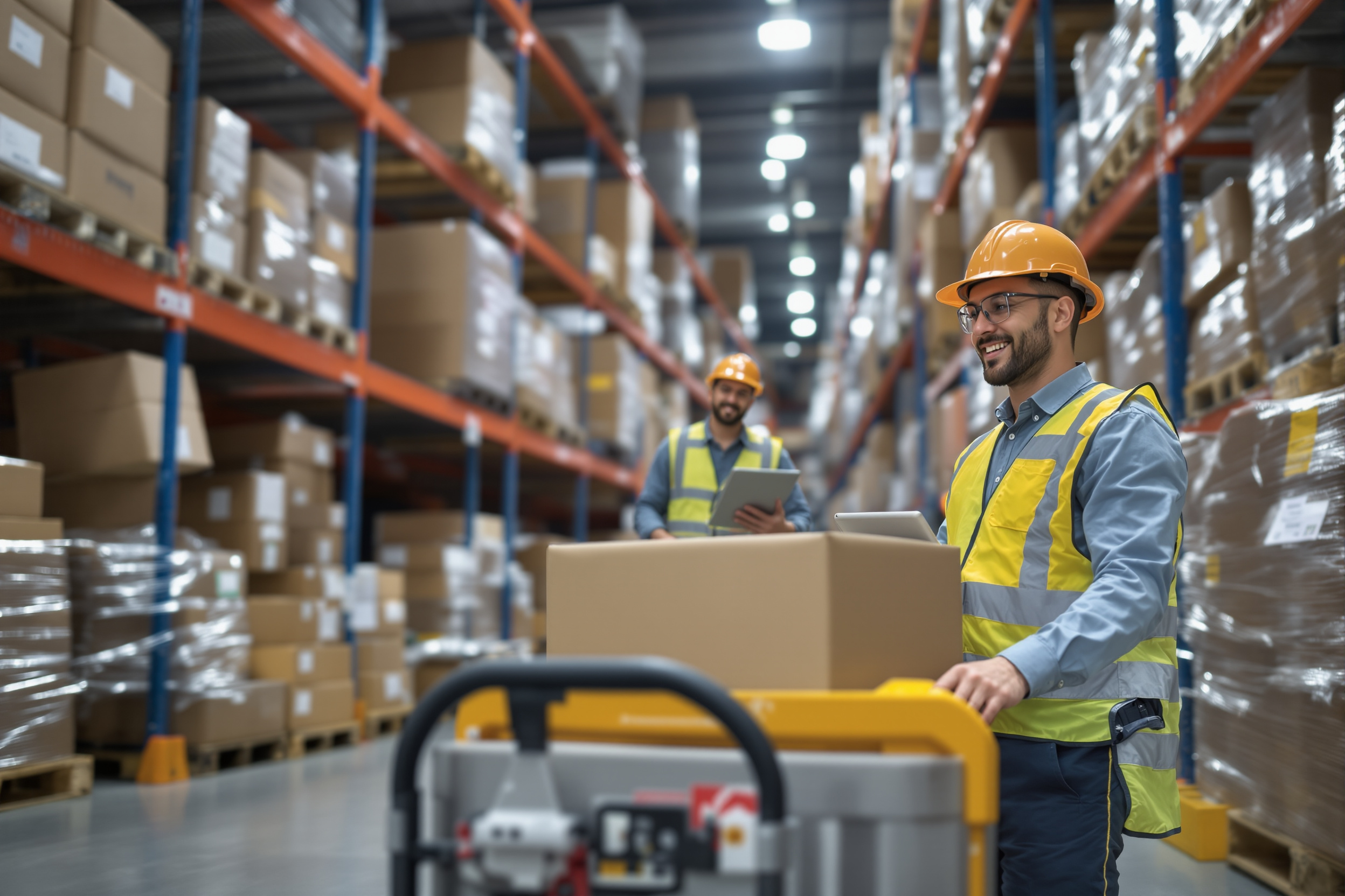 Junge Lagerarbeiterin lateinamerikanischer Herkunft bedient Hubwagen im Logistikzentrum in Deutschland.