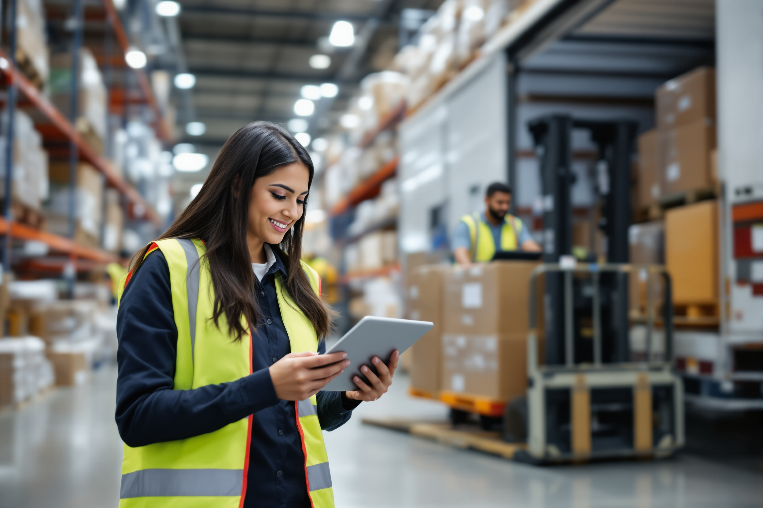 Junge Logistikmanagerin und Gabelstaplerfahrer im Lager in Deutschland prüfen Lieferungen. Vielfalt und Effizienz in der Logistik.
