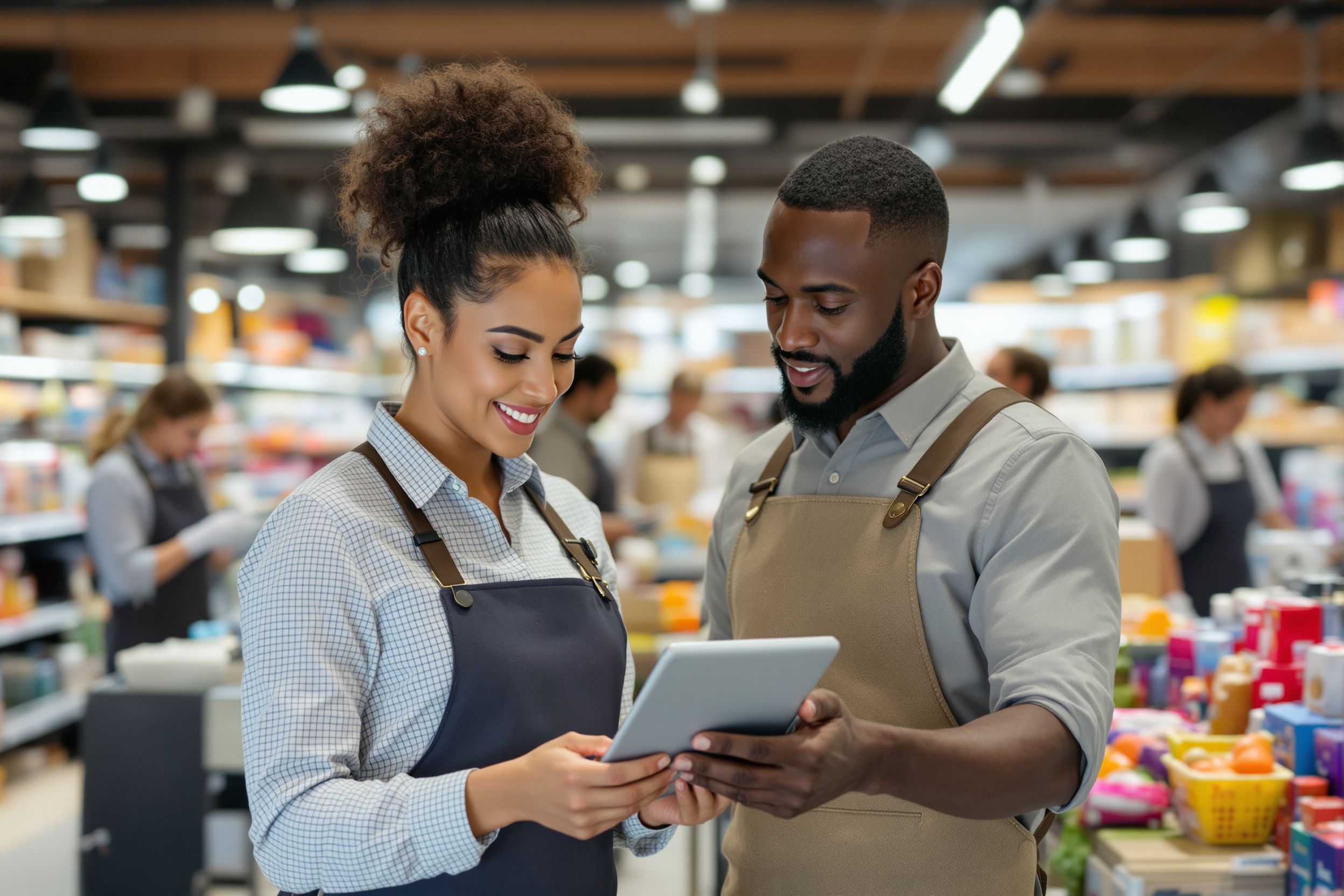 Bewerbermanagement im Einzelhandel: Vielfältiges Team arbeitet effizient in einem deutschen Supermarkt.