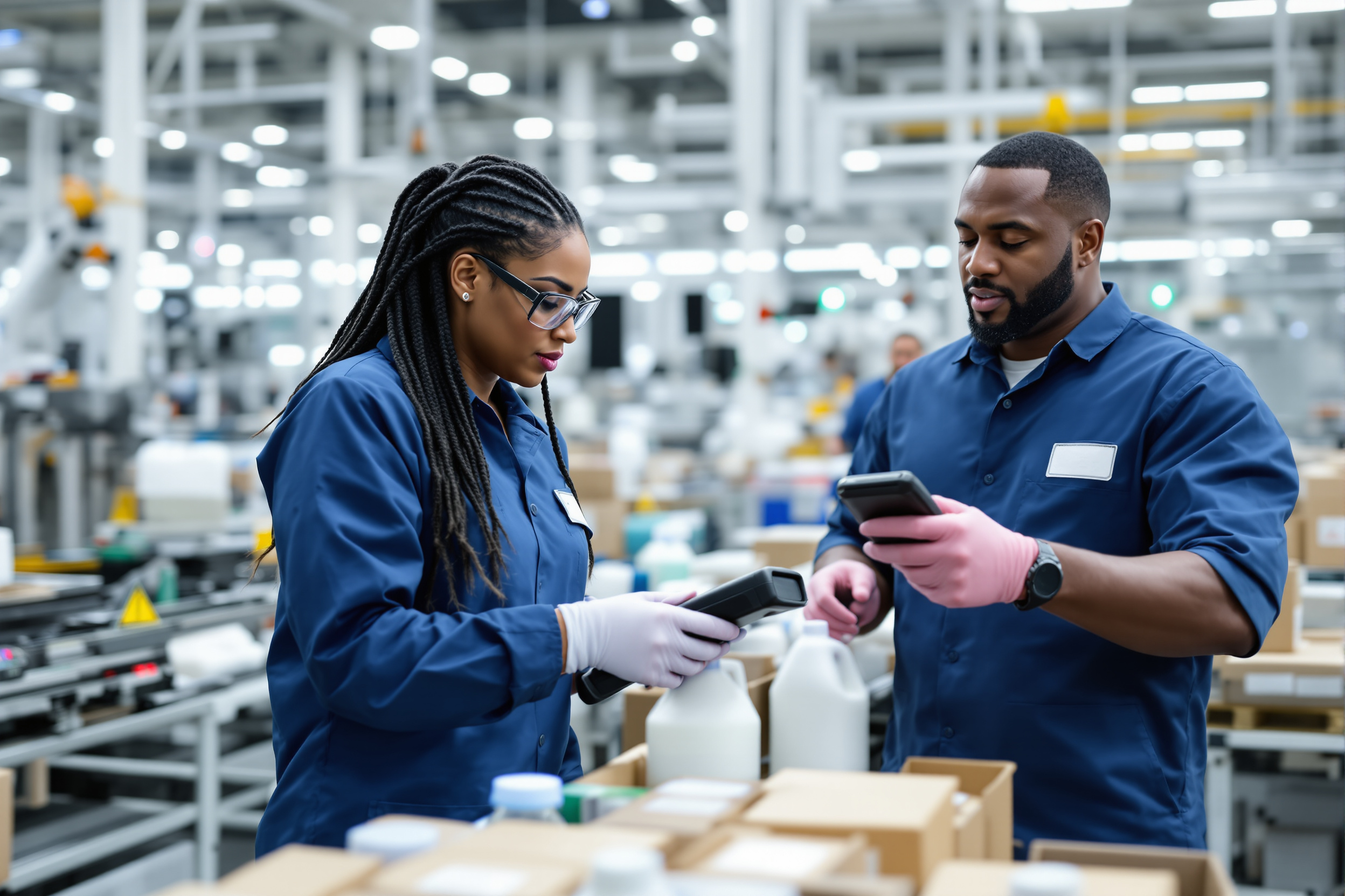 Produktionsmitarbeiterin und -mitarbeiter in Ludwigshafen überwachen die Verpackungslinie in einer Chemiefabrik