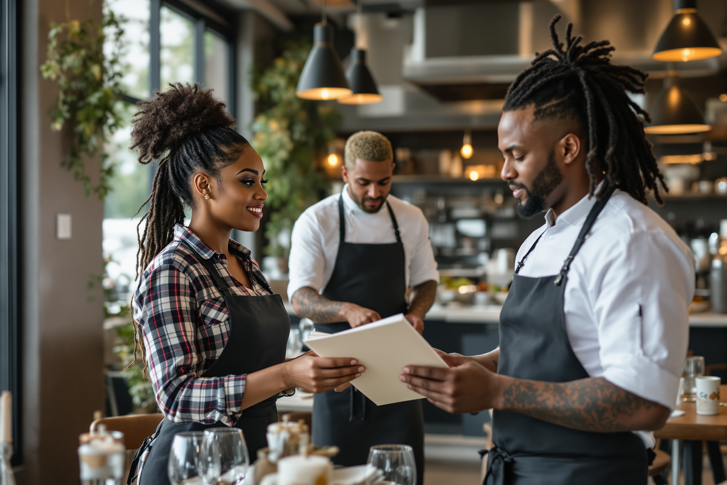 Gastronomie Personal Ludwigshafen: Vielfältiges Küchenteam bespricht Tageskarte in Restaurant. Foto: inga.one