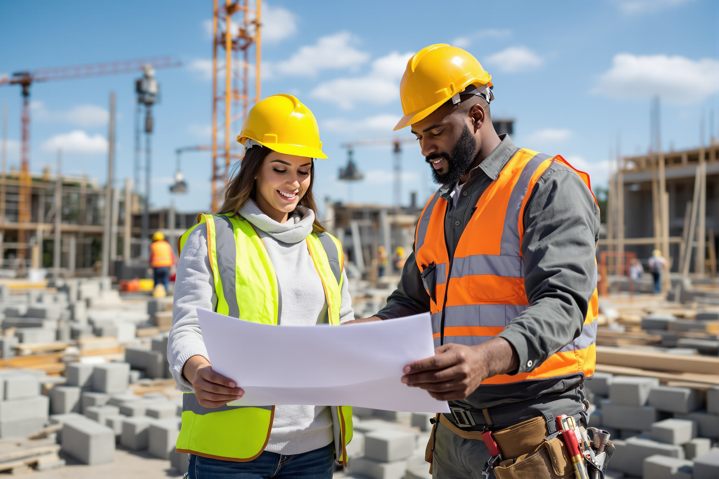 Mitarbeitergewinnung Pforzheim: Vielfältiges Team auf einer Baustelle in Pforzheim, Bauingenieurin und Maurer arbeiten zusammen
