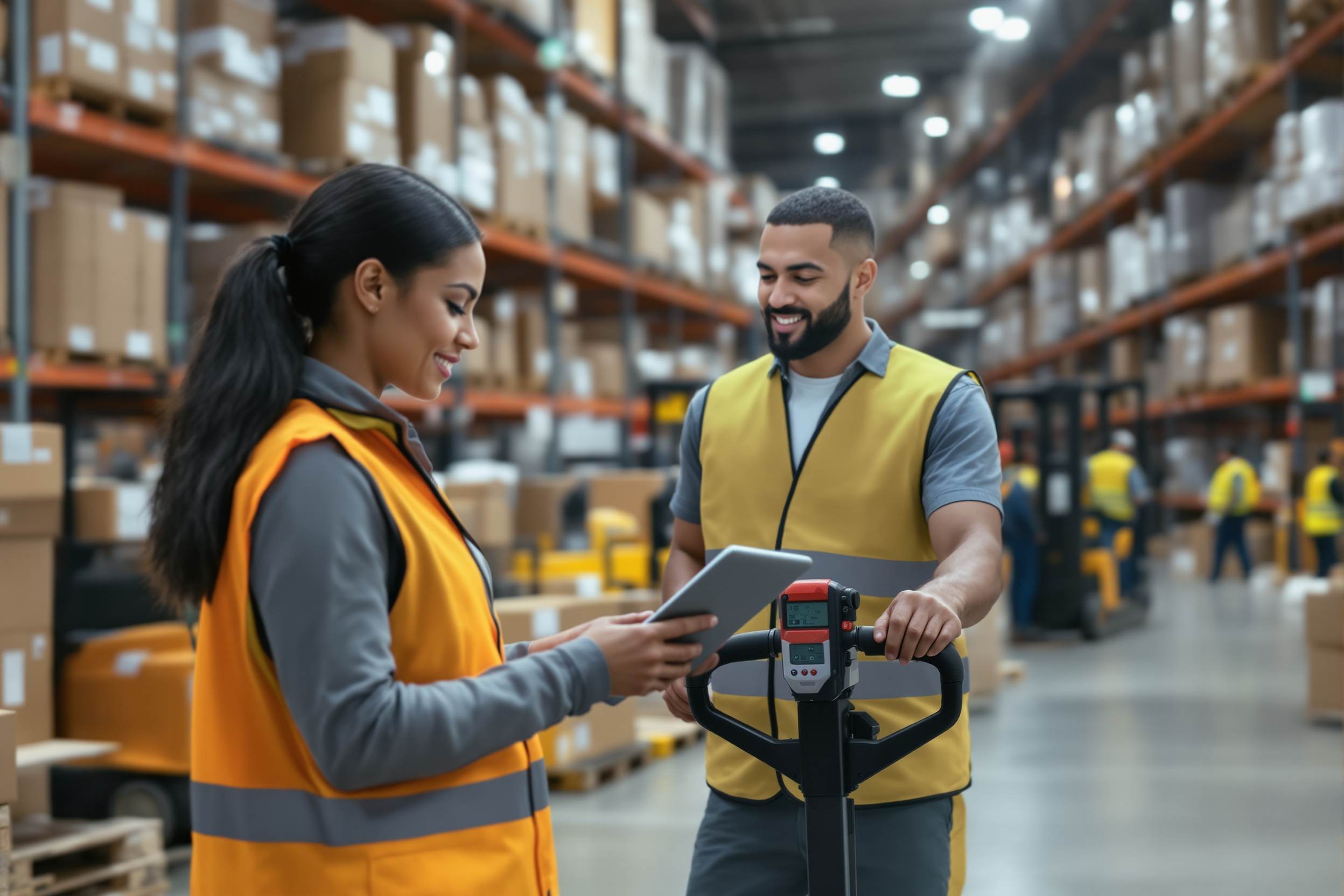 Effiziente Stellenbesetzung: Latina Logistikmanagerin und Afroamerikanischer Lagerarbeiter arbeiten gemeinsam in einem Logistikzentrum in Schweinfurt.