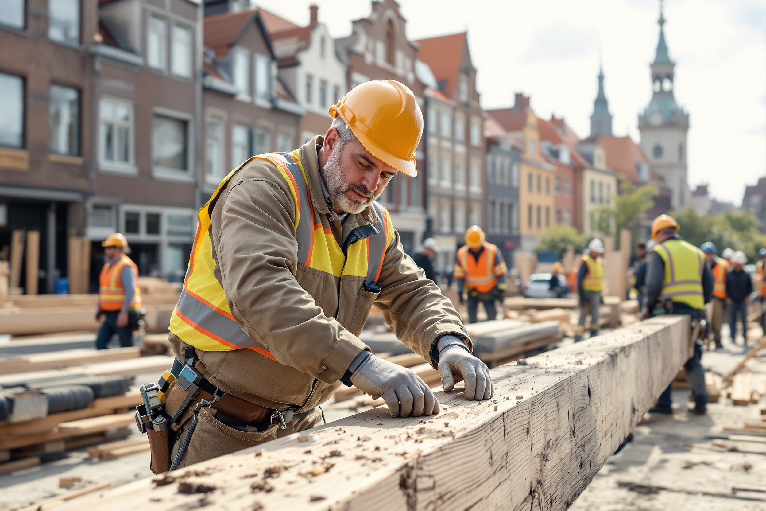 Handwerker arbeiten auf einer Baustelle in Bochum.